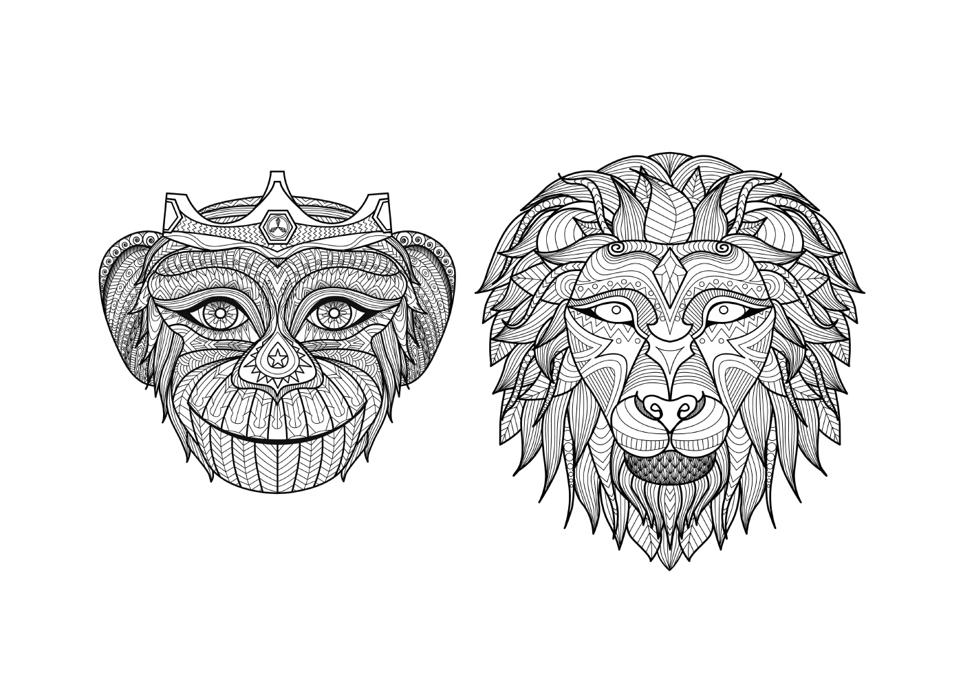  Два черно-белых рисунка льва и обезьяны 