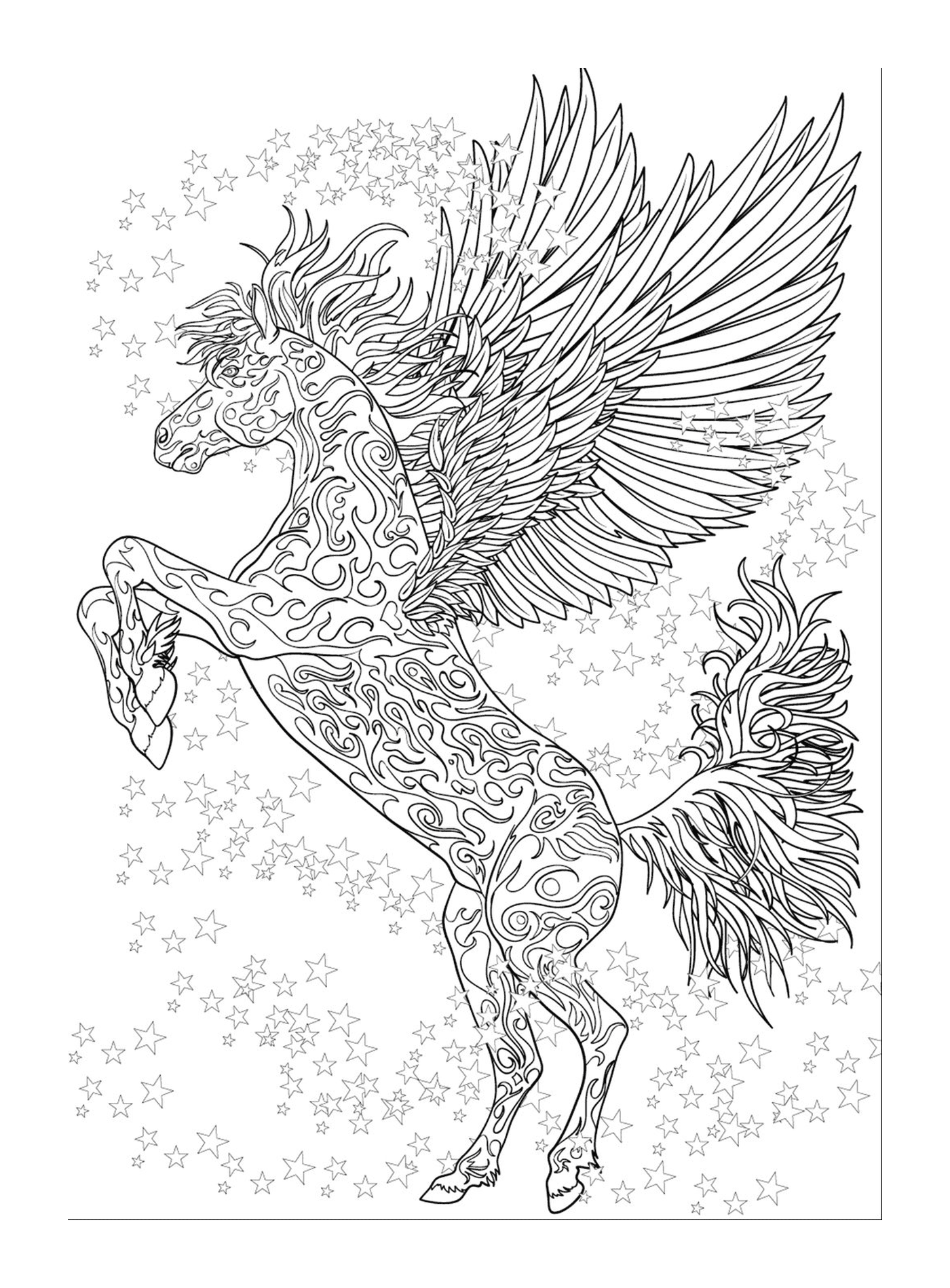  An adult of a horse with unicorn wings and stars 