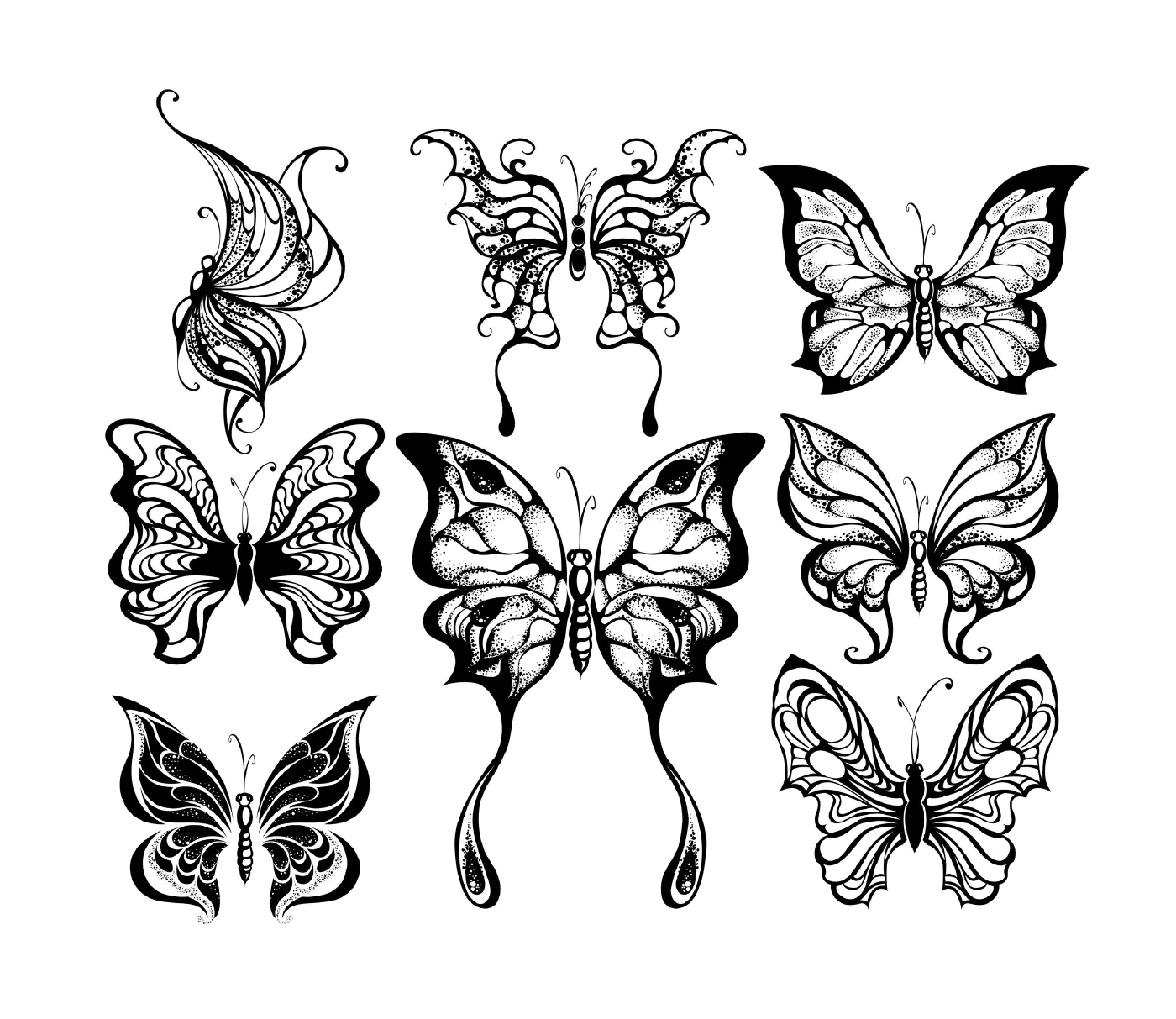  Набор из девяти бабочек в черно-белом цвете 