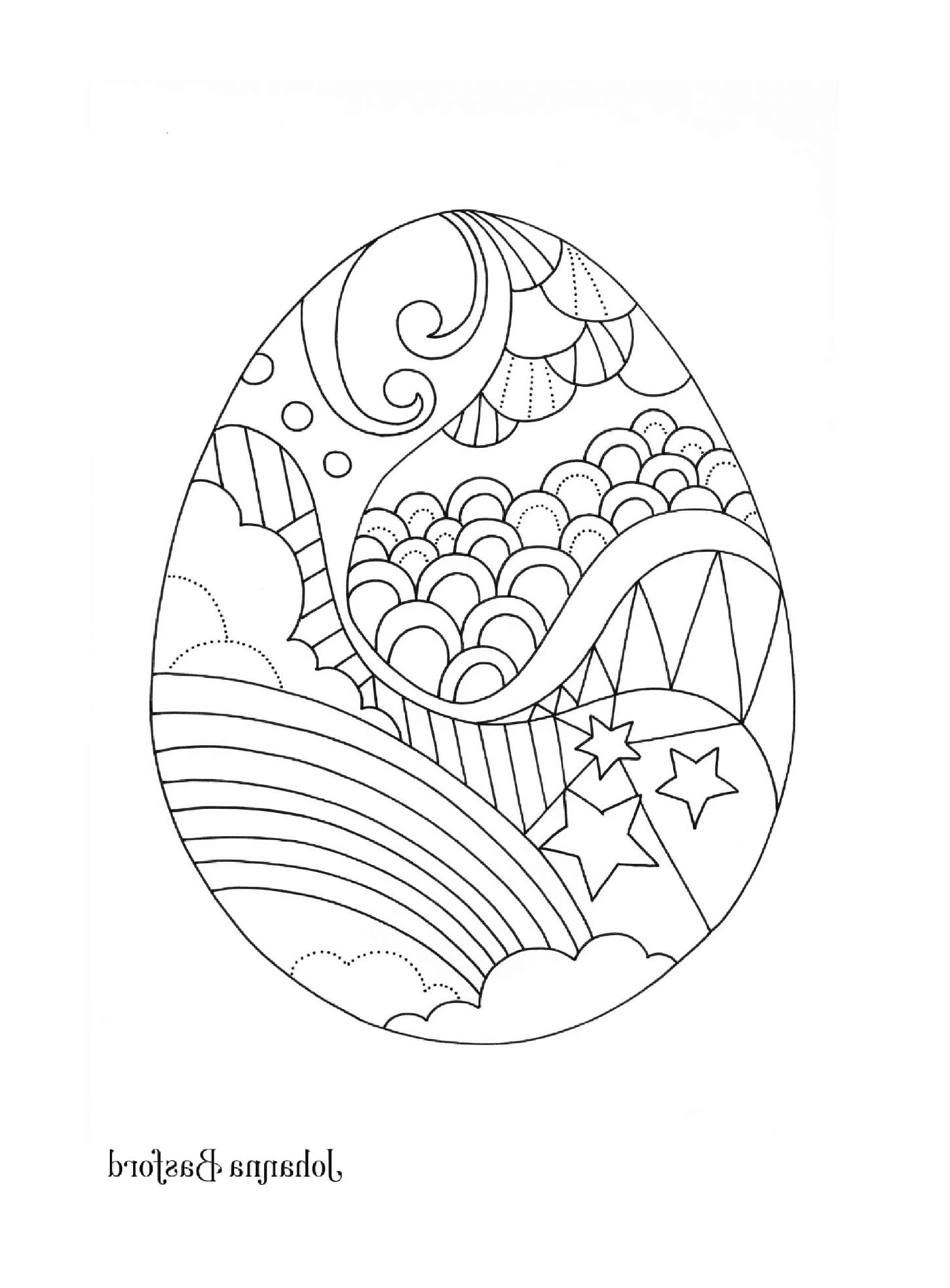  An Easter egg decorated with a rainbow, clouds, stars and other patterns 