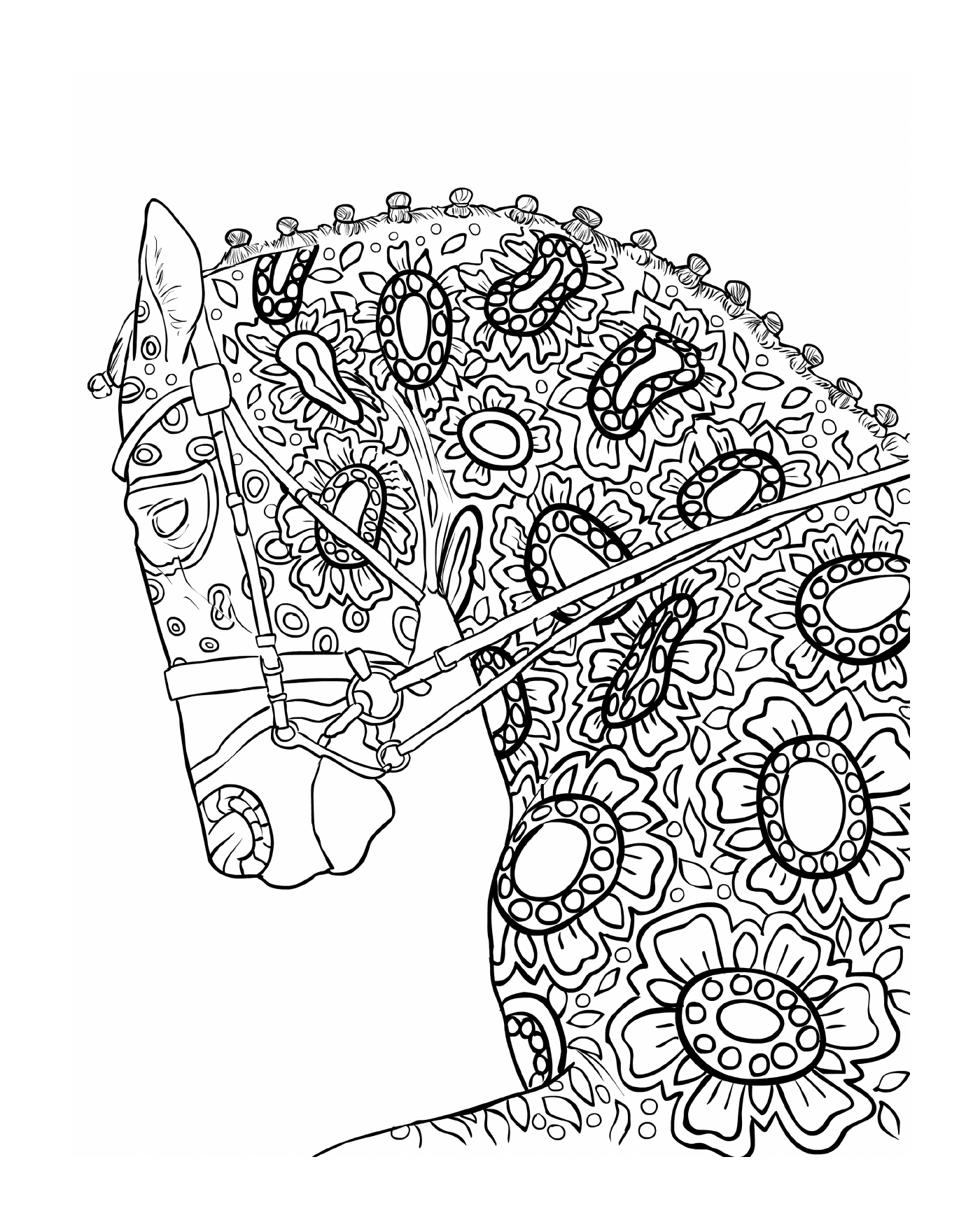  Der Kopf eines Pferdes mit floralen Motiven 