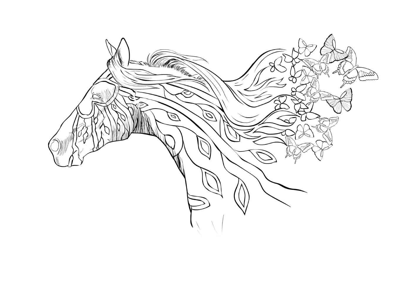  La cabeza de un caballo con flores en el pelo 