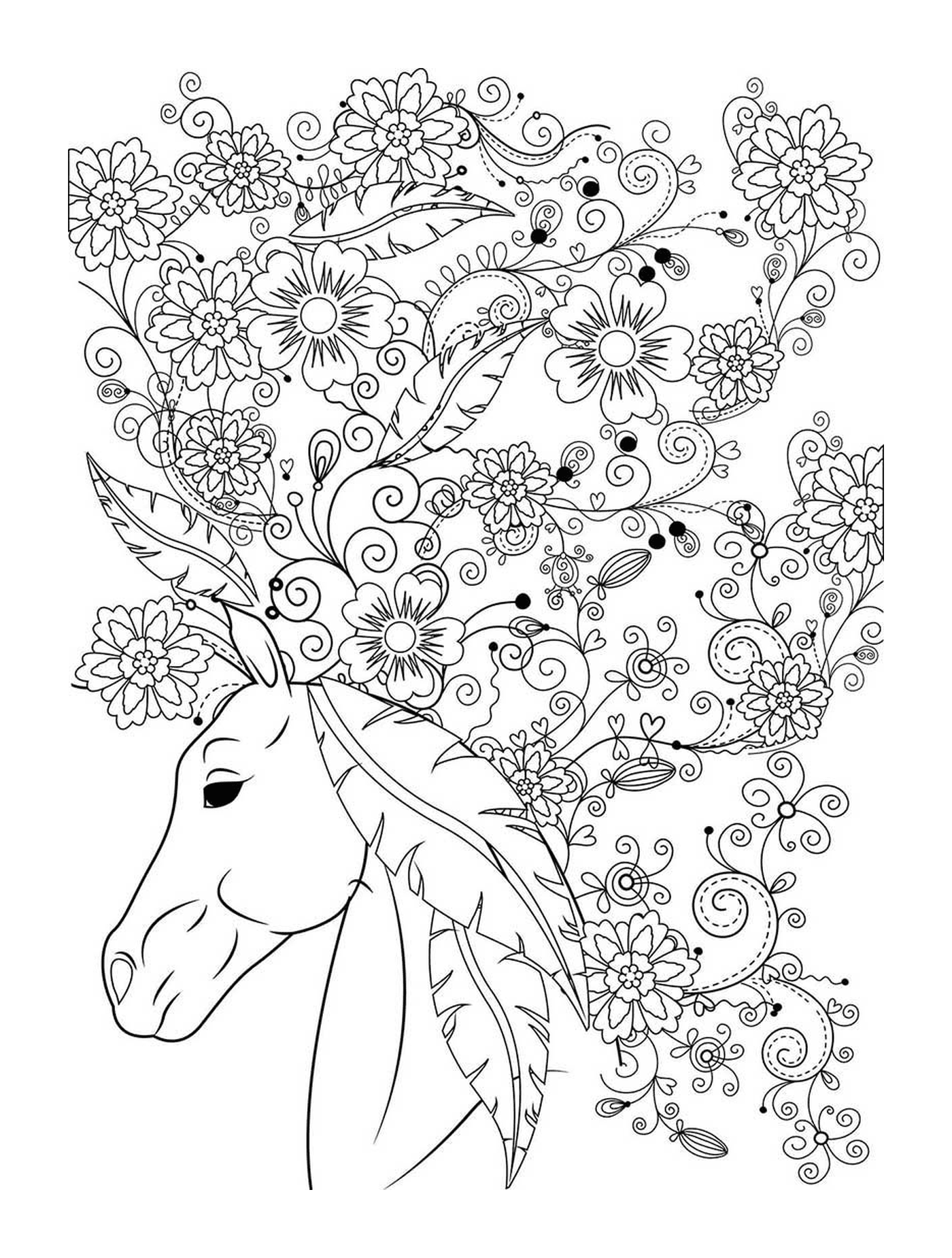  Ein Erwachsener eines Pferdes mit Blumen 