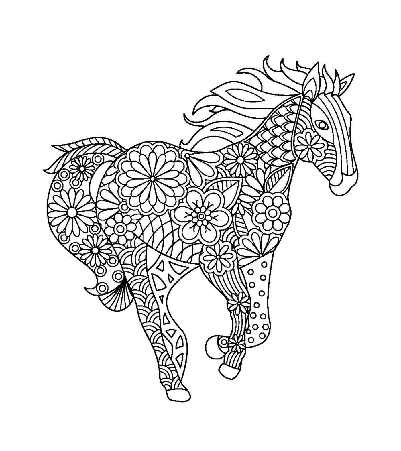  An adult of a horse with floral designs 