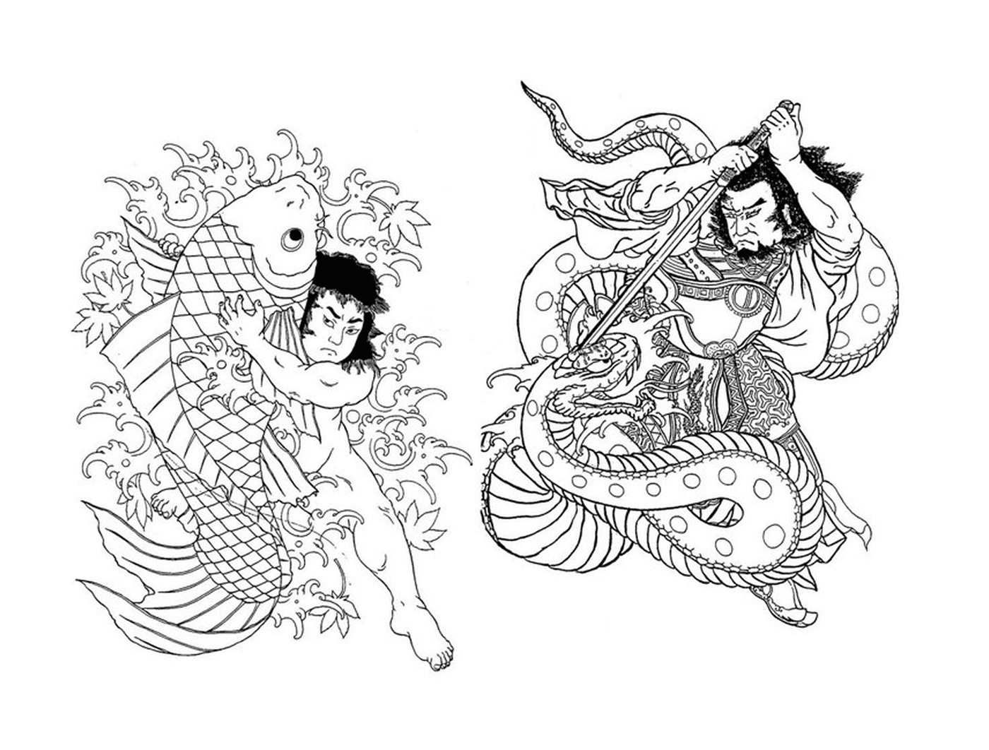  Zwei asiatische Zeichnungen einer Frau und eines Mannes 
