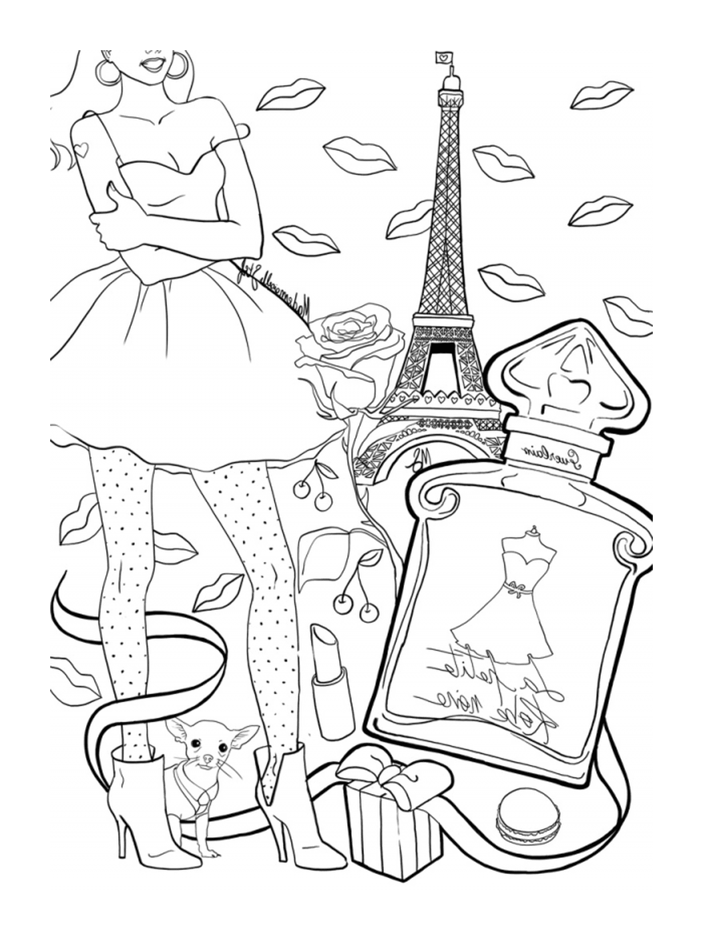  A woman in a dress in Paris with a suitcase 
