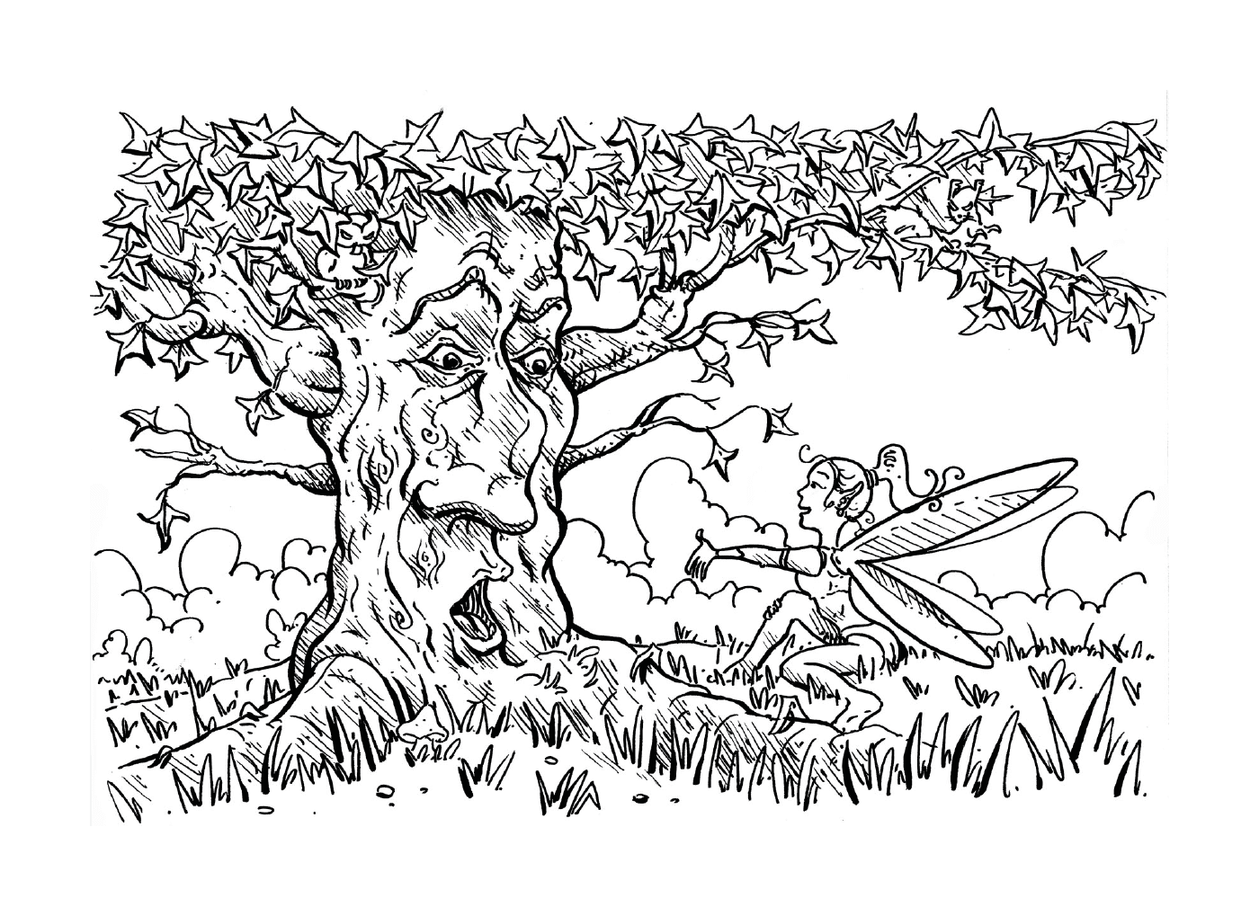  Un dibujo de tinta con un elfo y un árbol 