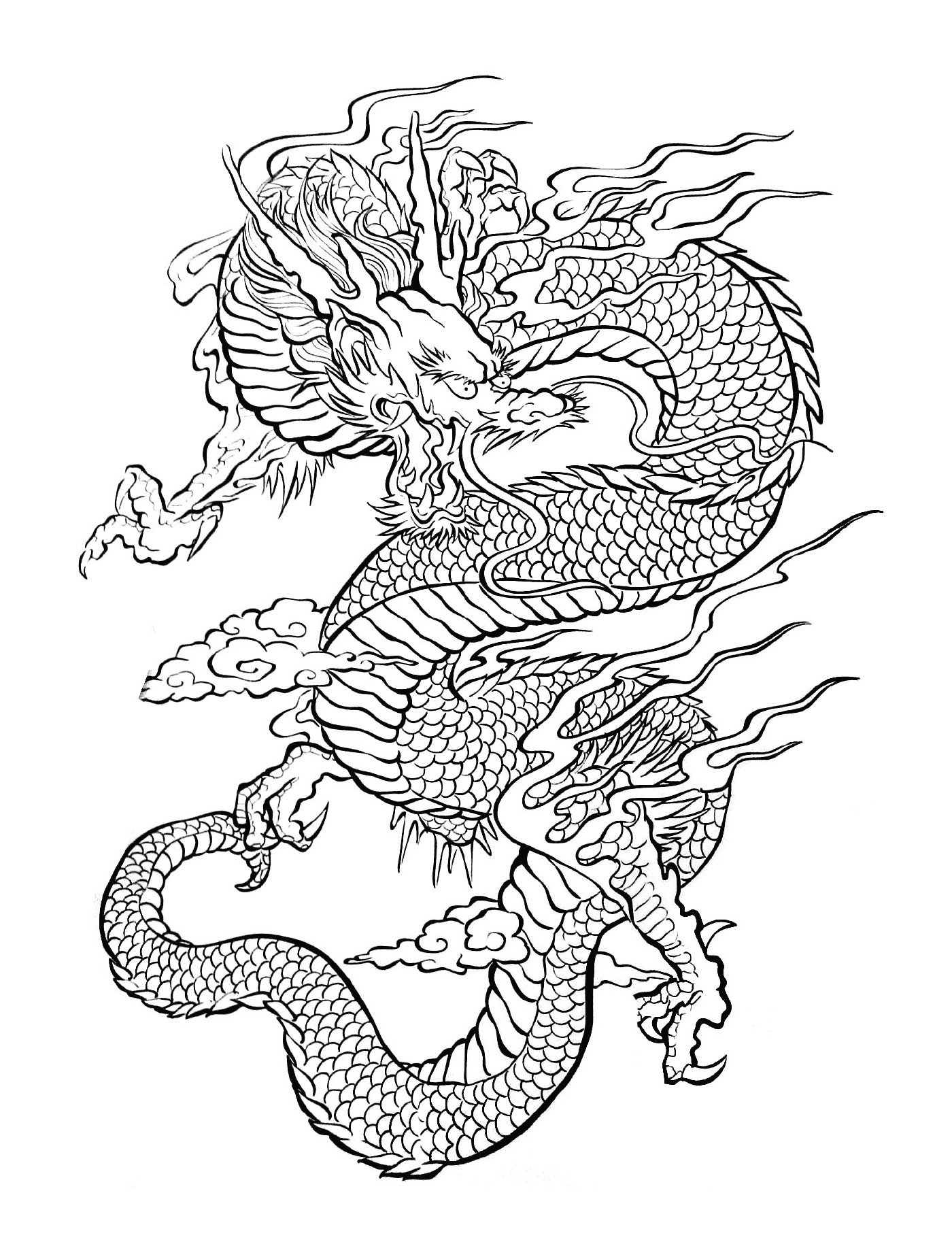  Eine Illustration eines orientalischen Drachen, der in der Luft fliegt 