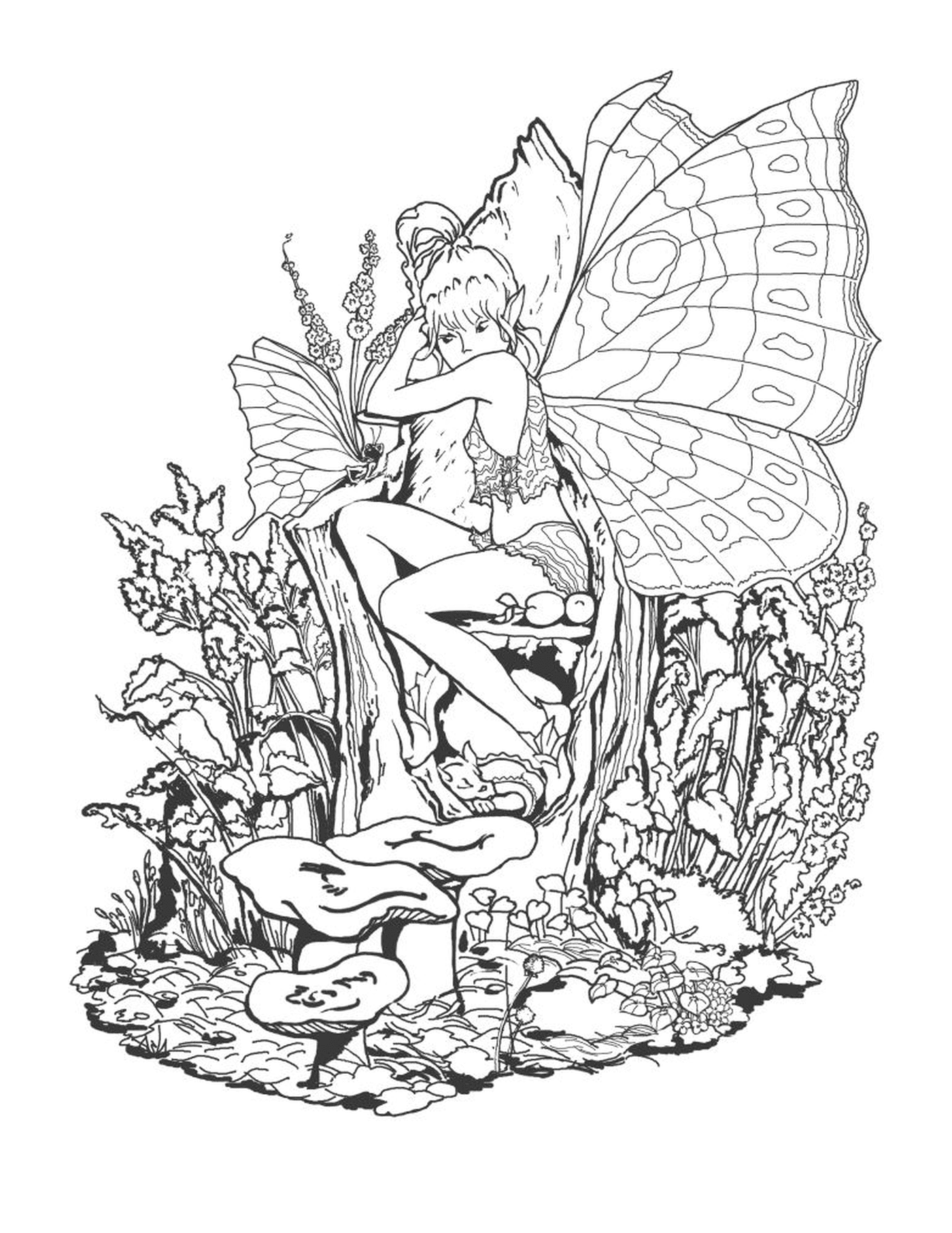 Una hada sentada en un hongo con una mariposa en la mano 