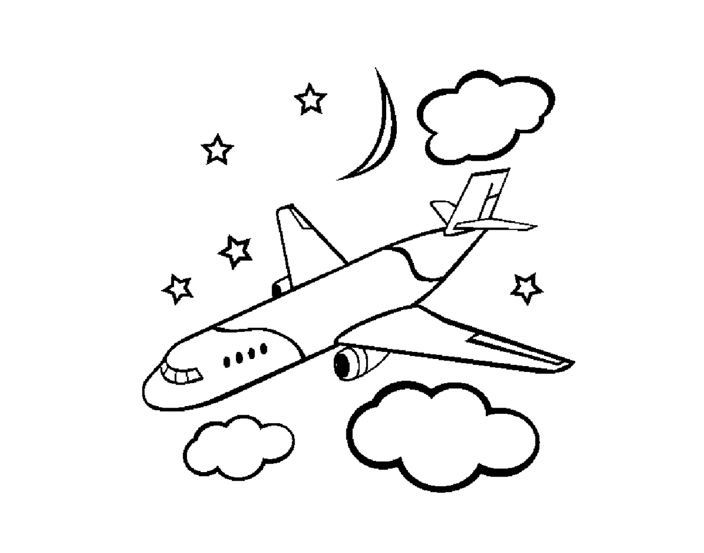  A plane flies in the sky with clouds and stars 