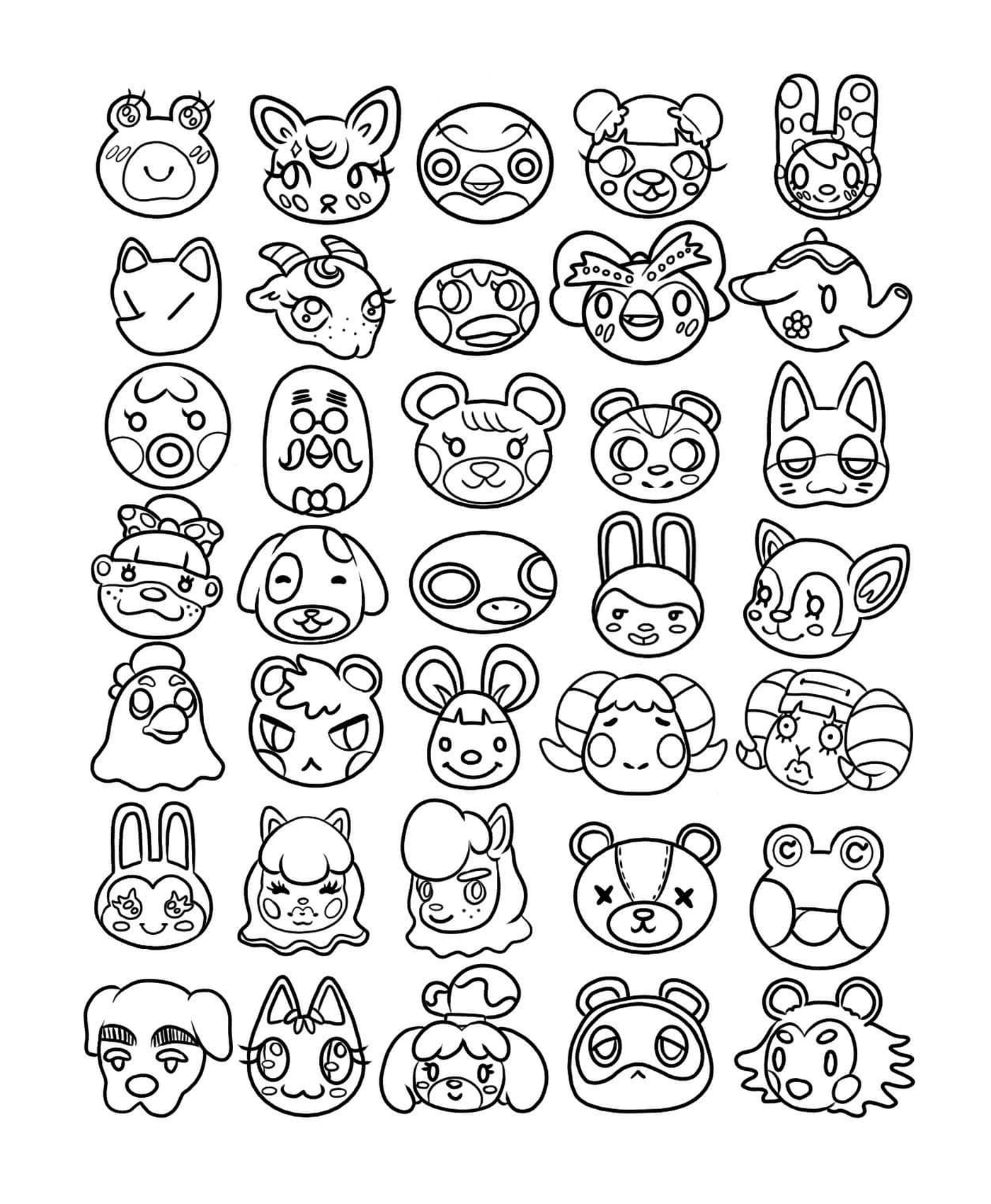  Kawaii, drawing of different animal heads in black ink 