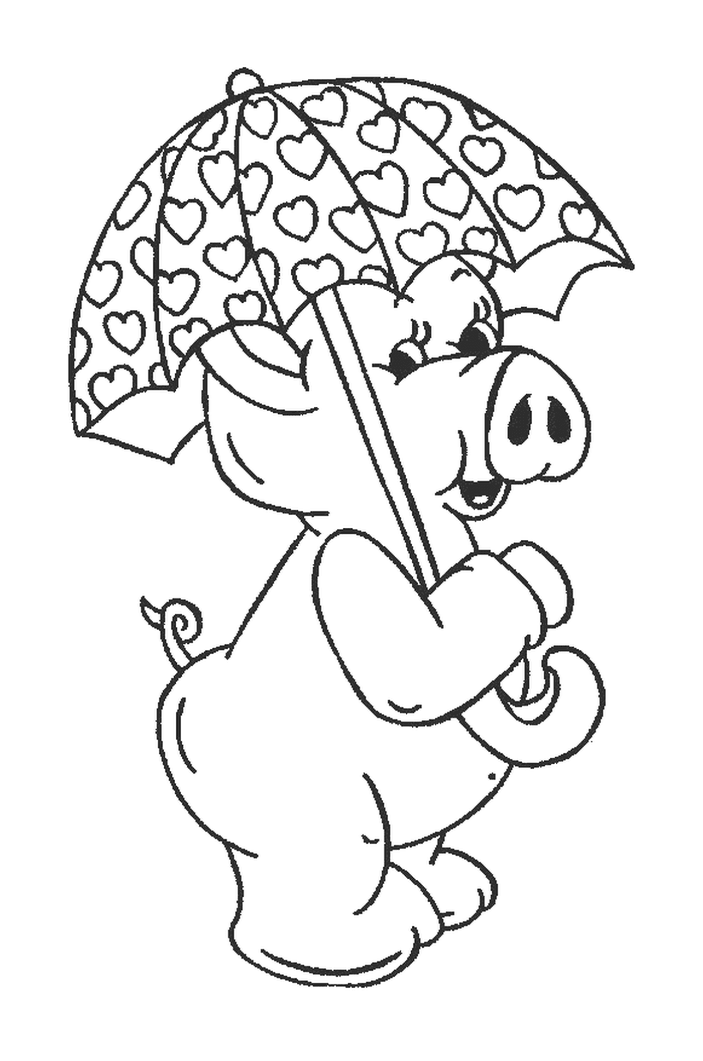  A pig holding an umbrella in his mouth 