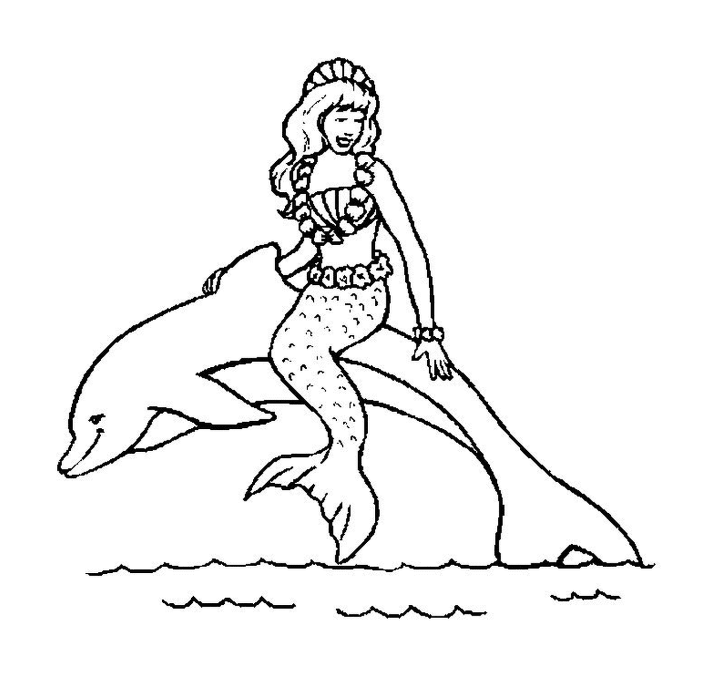  Eine Frau, die einen Delphin im Wasser reitet 