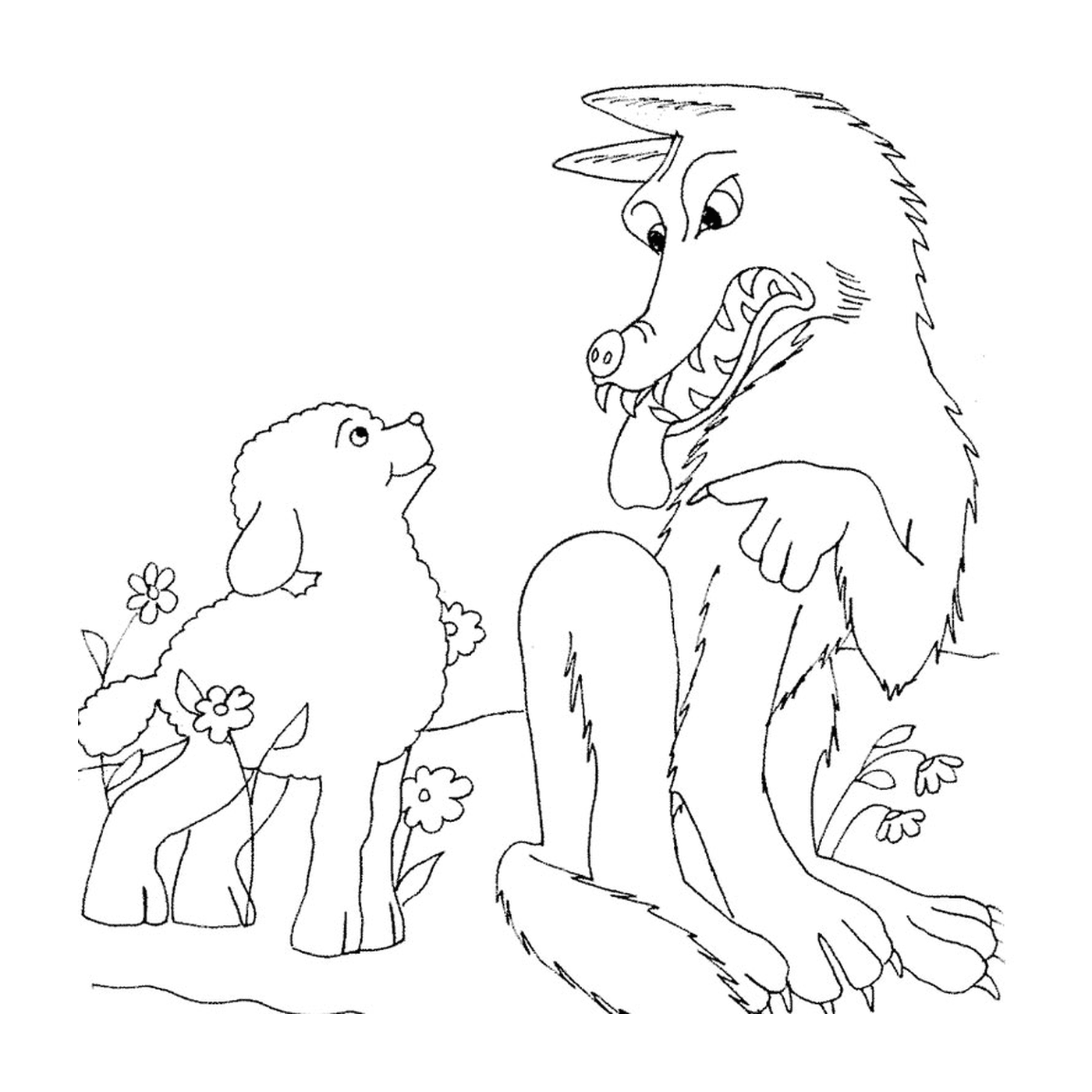  Un adulto y un bebé lobo sentado en un campo 