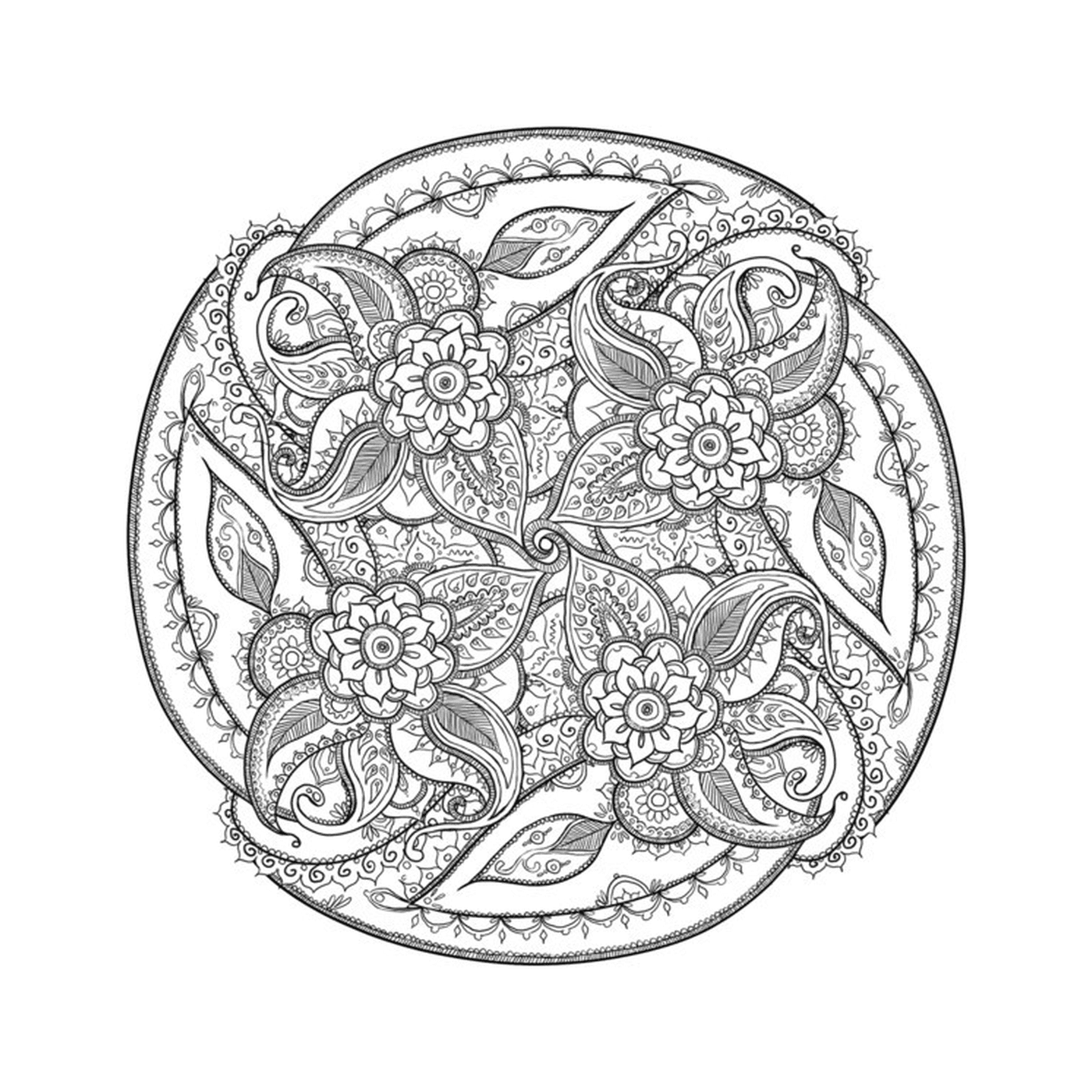  ein komplexes kreisförmiges Muster mit Blumen 