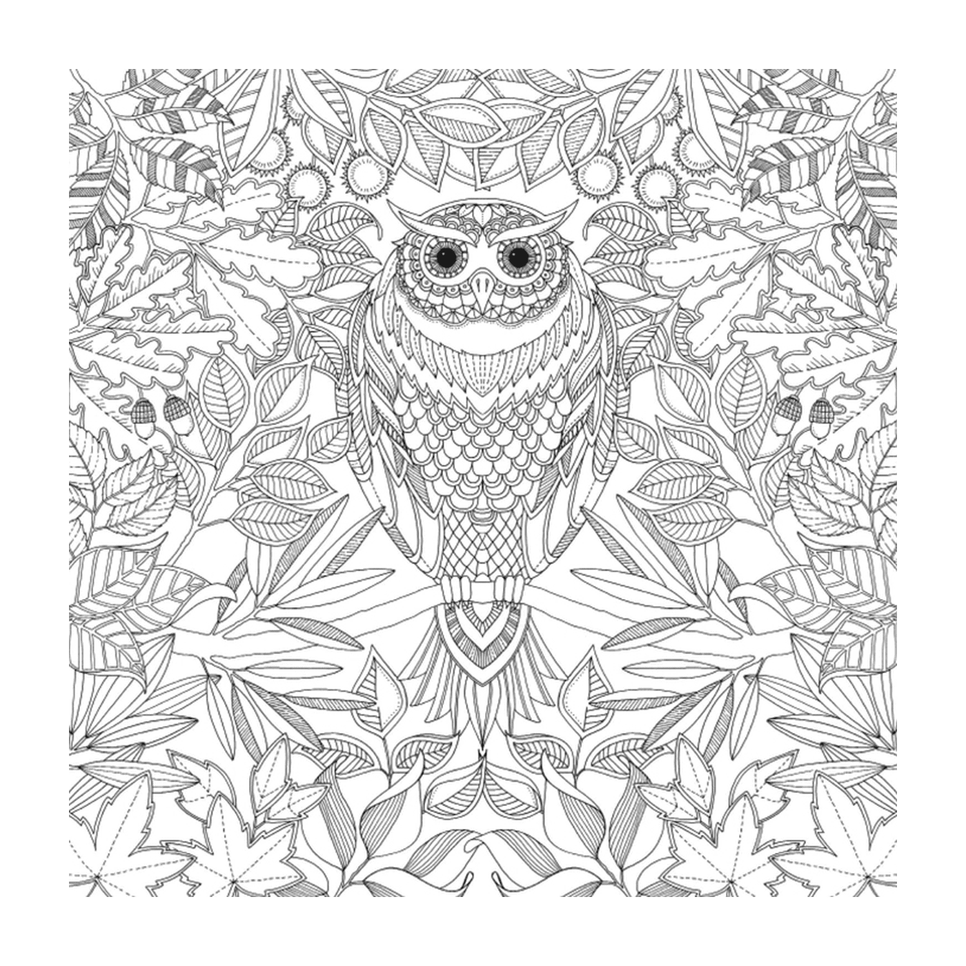  an owl surrounded by leaves 