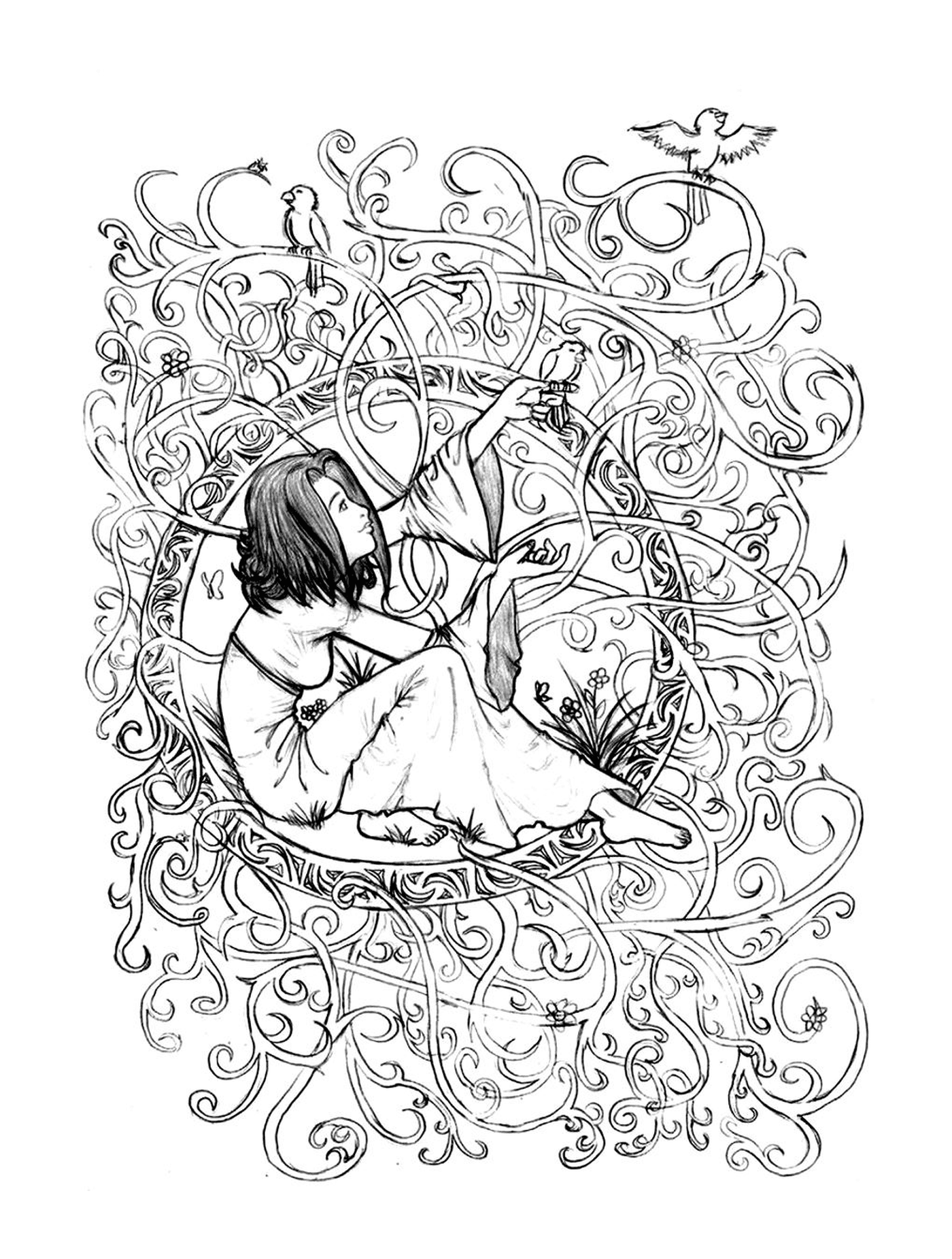 una donna seduta in un cerchio di fiori 