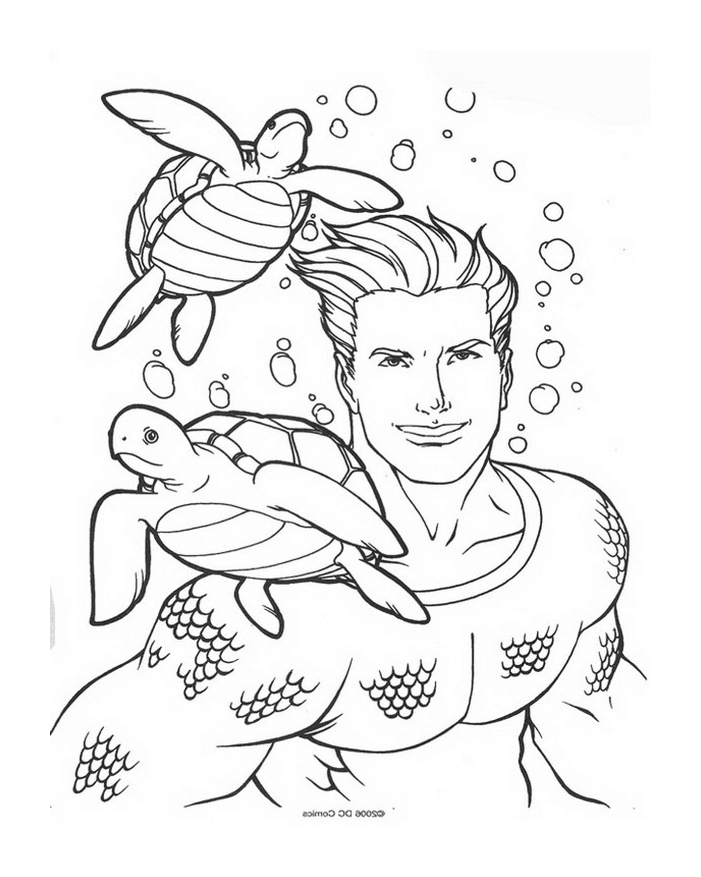  Ein Mann und eine Schildkröte schwimmen im Wasser 