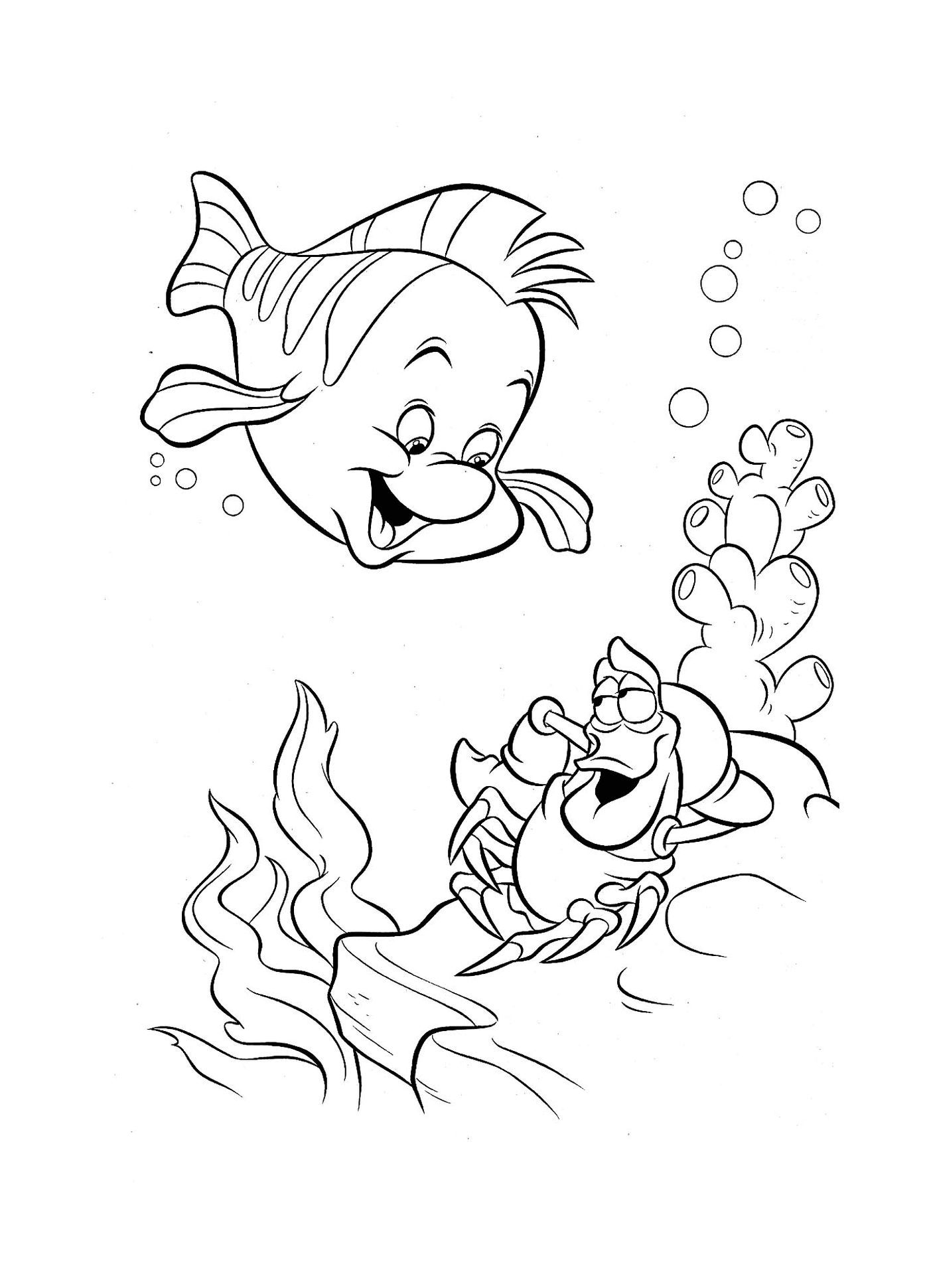  Ein Fisch und eine Krabbe schwimmen zusammen 