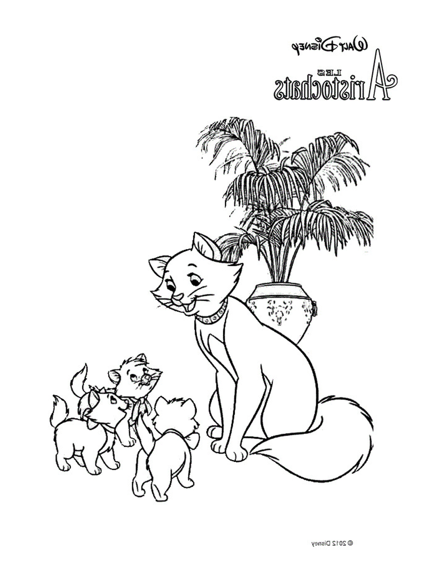  An adult cat and two small kittens in front of a potted palm tree 