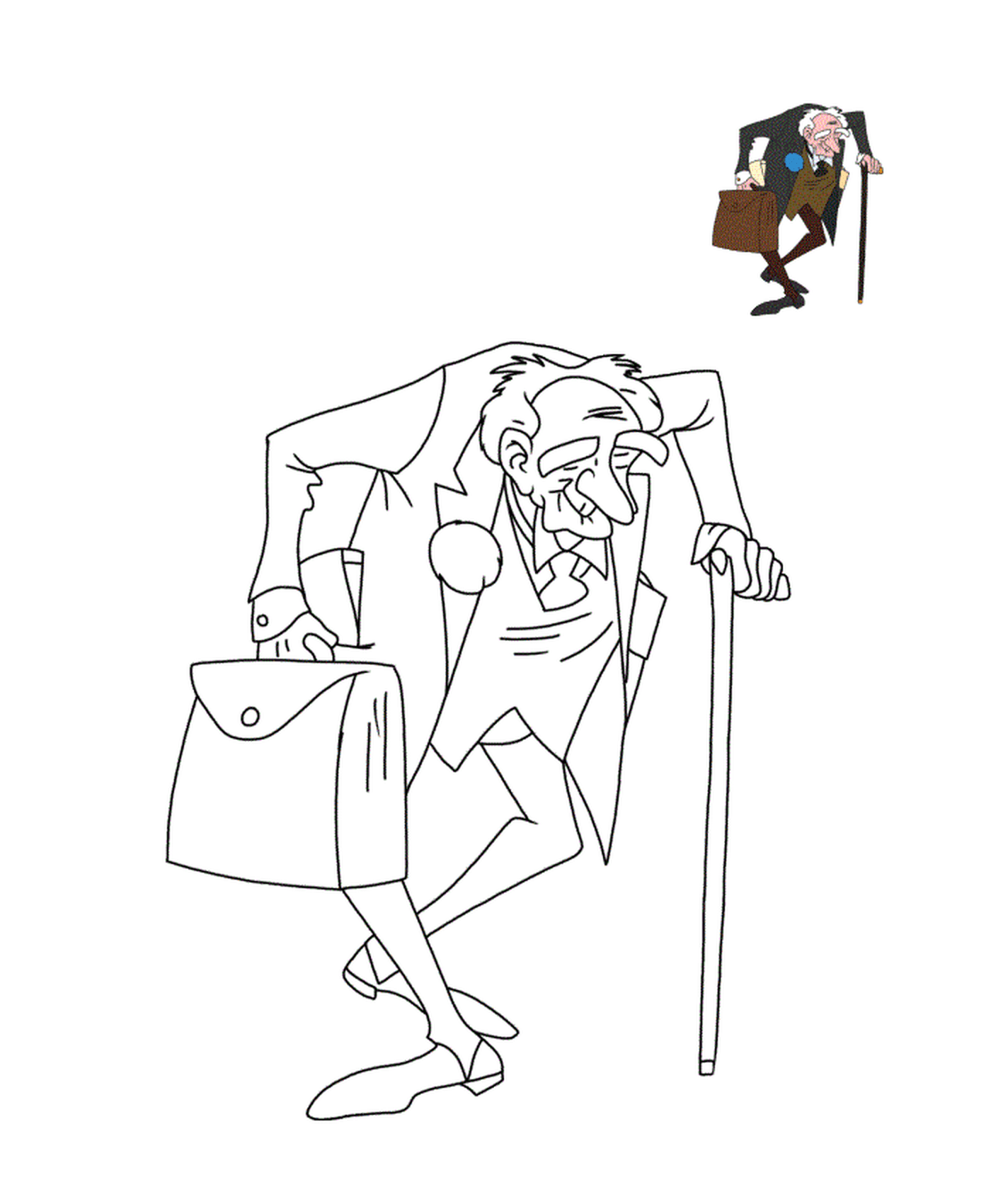  Ein alter Mann mit einem Stock und einer Aktentasche 