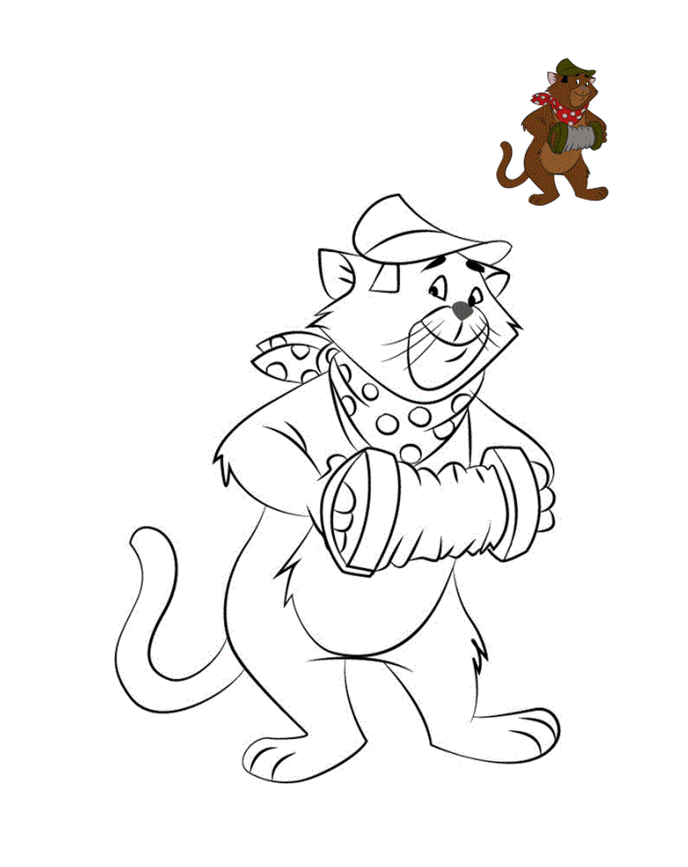  Un gato sosteniendo una lata y de pie junto a un mono 