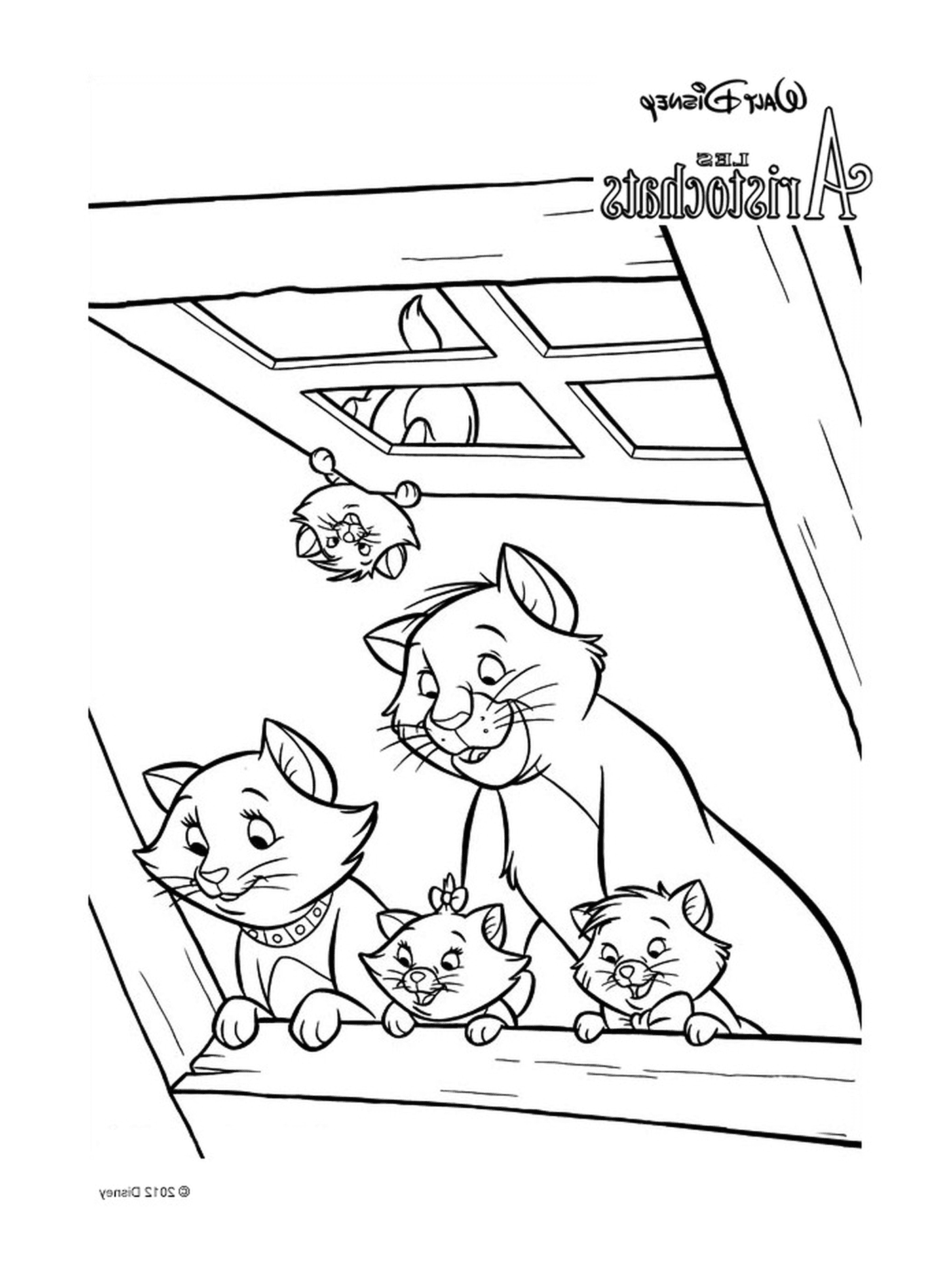  A group of cats sitting on the roof of a building 