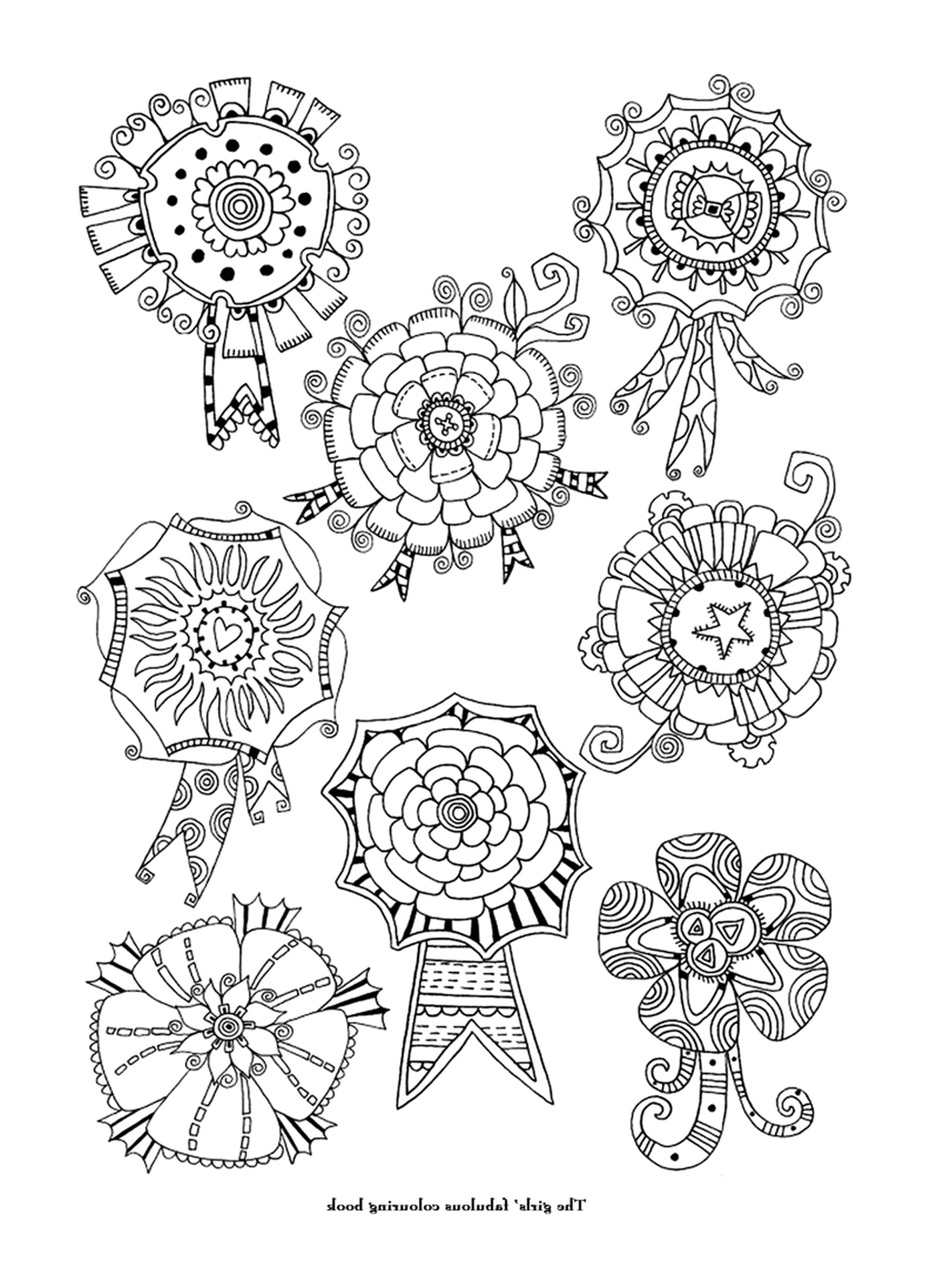  a black and white pattern with different flowers 