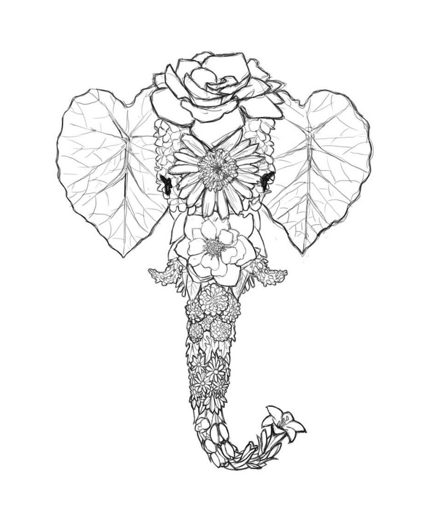  An elephant with a rose and a flower on its trunk 