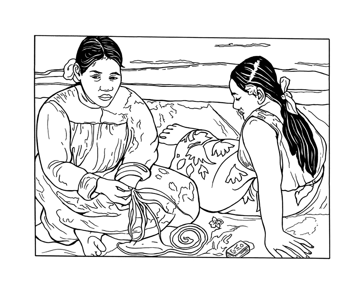  Zwei Frauen sitzen auf einer Decke am Strand 