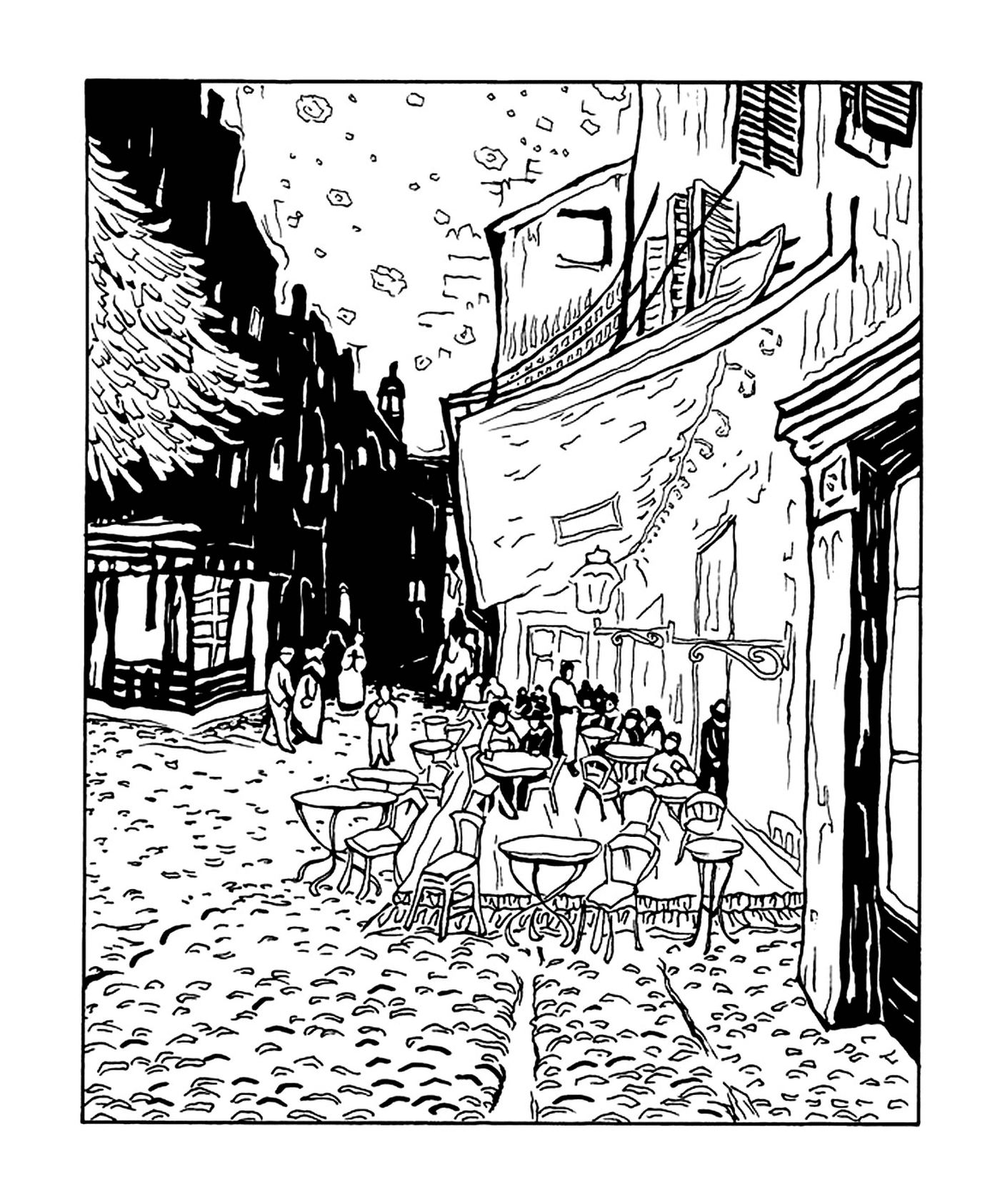  An ink image depicting an open-air coffee with tables and chairs 