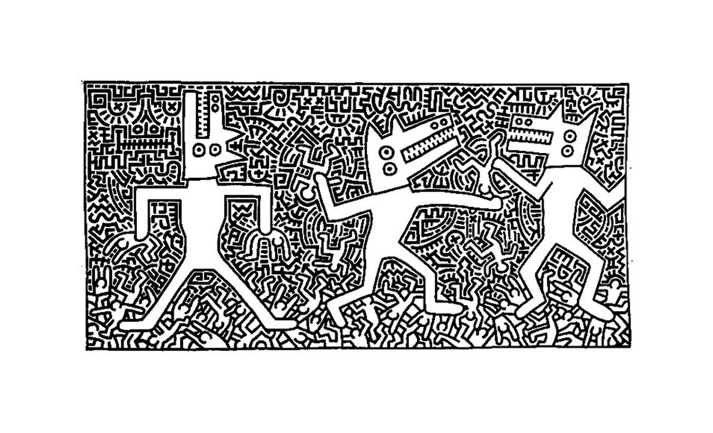 a horse and a horseman hard to identify, probably a work by Keith Haring