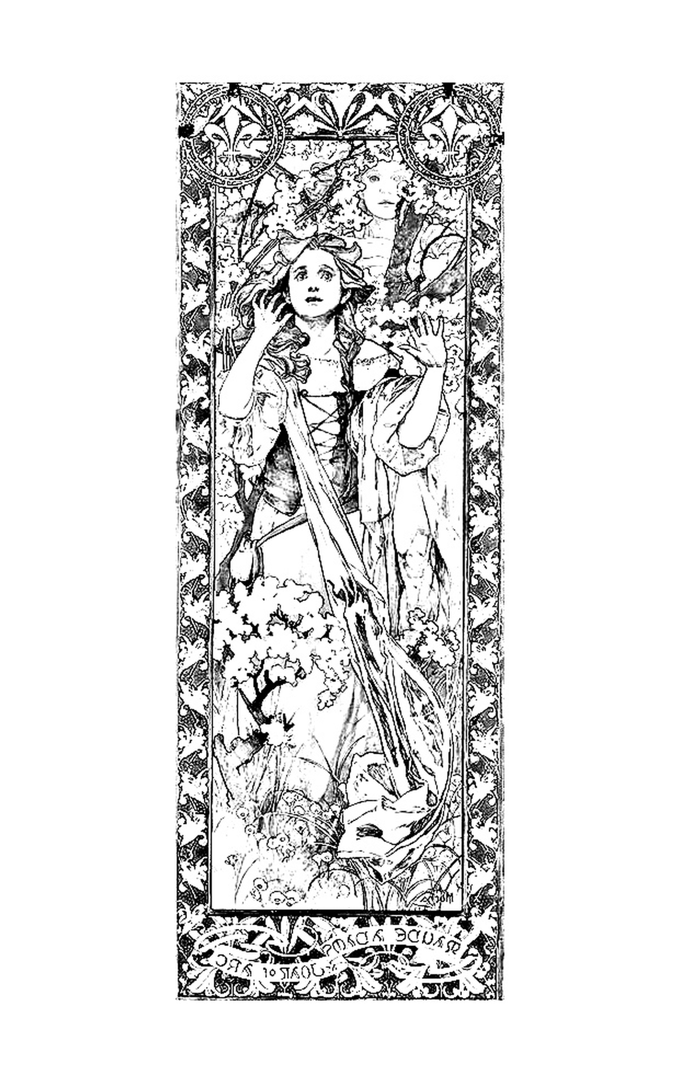  una mujer vestida en Juana de Arco según Alfons Mucha 