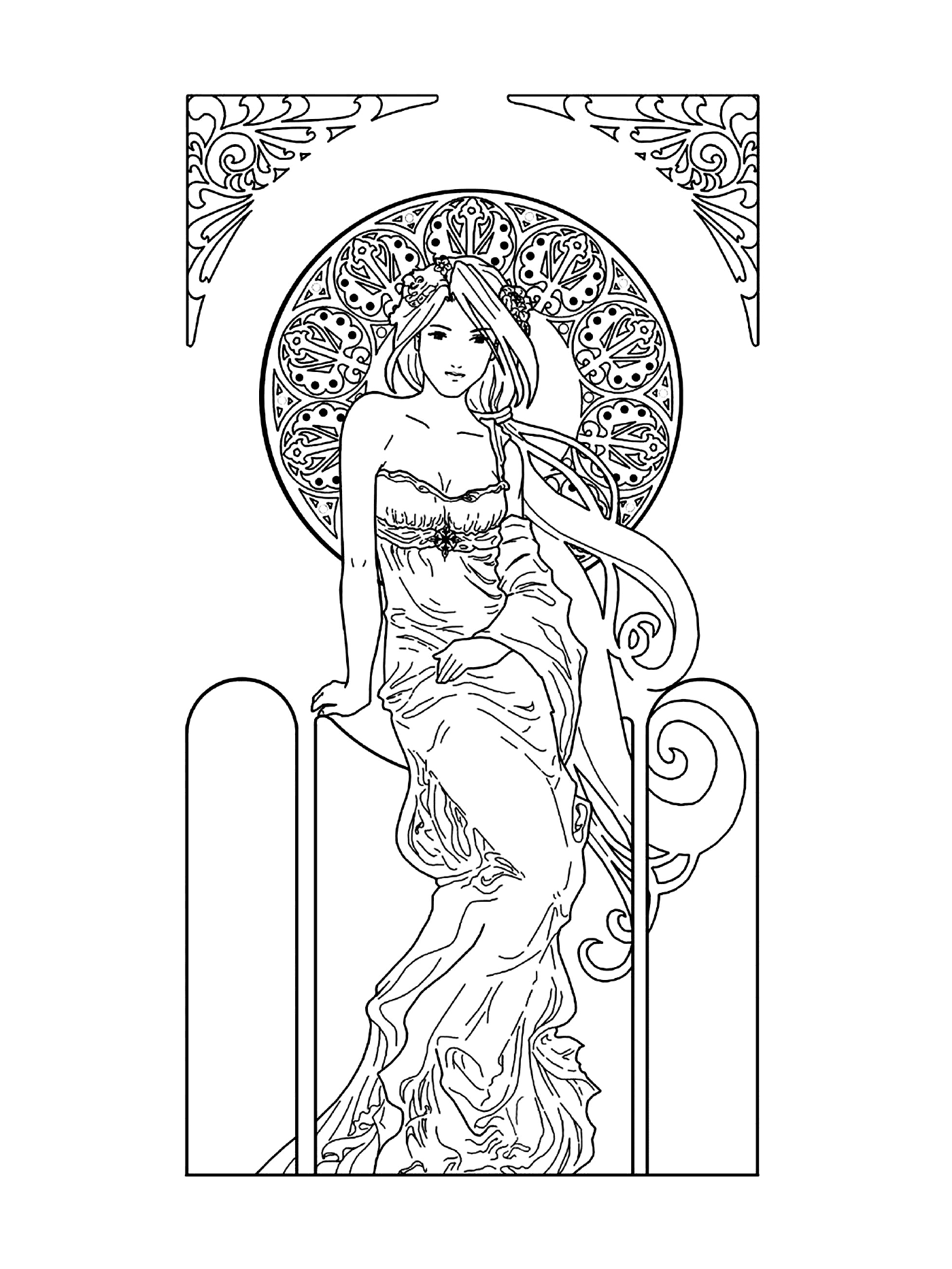  a woman sitting on a chair in a dress in the art nouveau style 