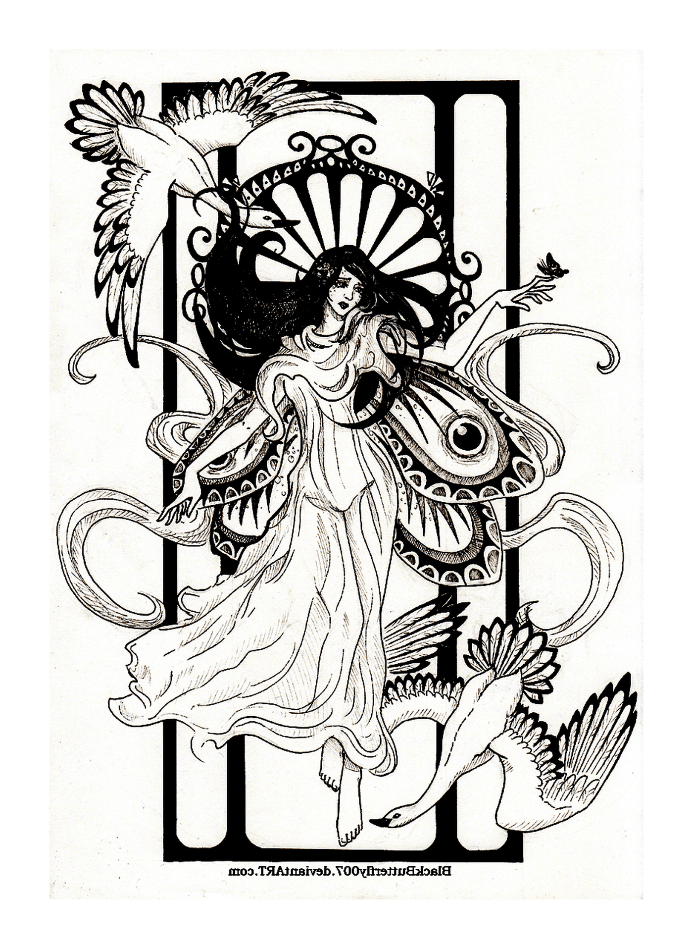  a woman with butterfly wings according to art nouveau inspiration 