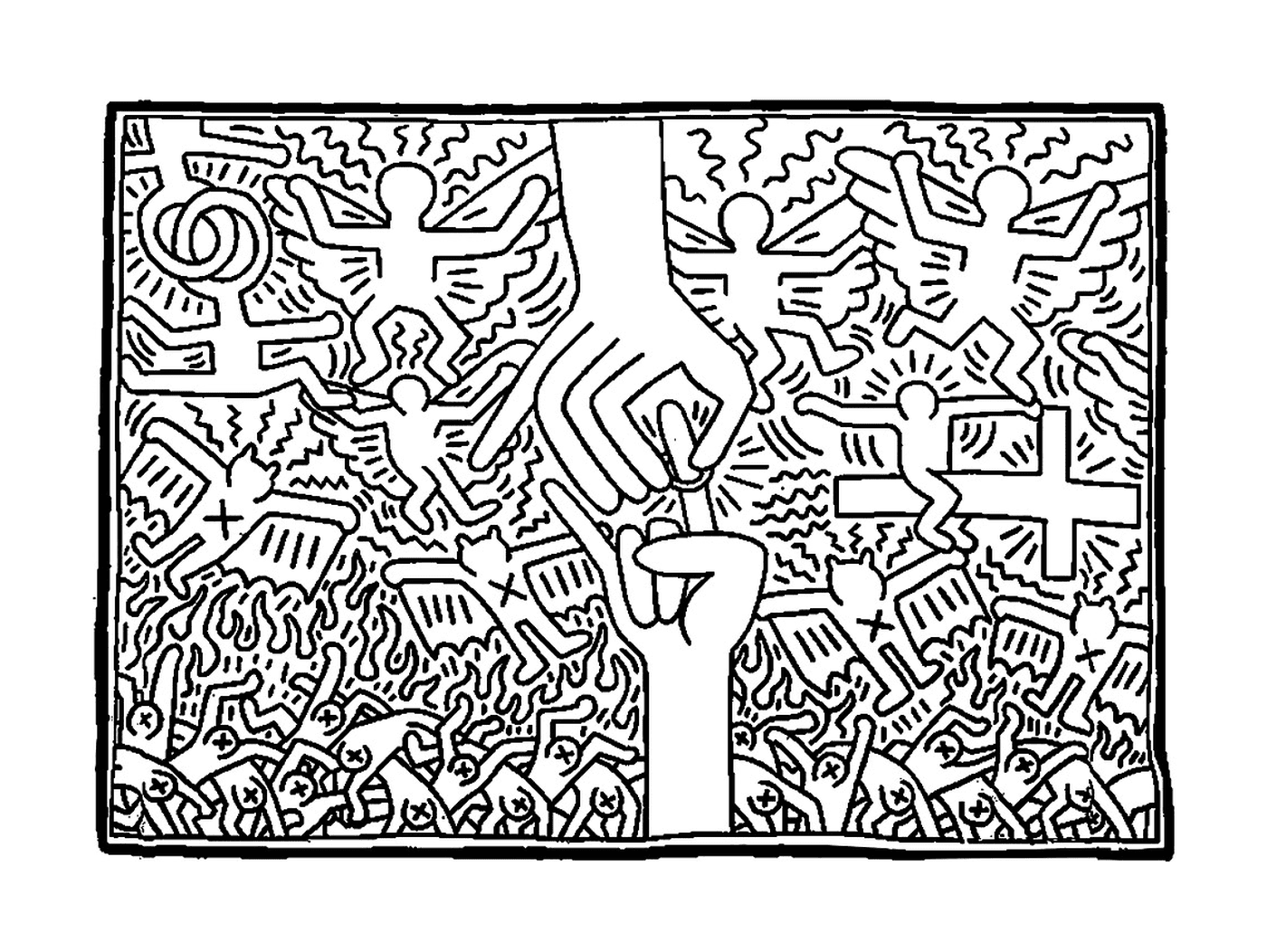  a hand that seeks to catch a sign of peace in Keith Haring's style 
