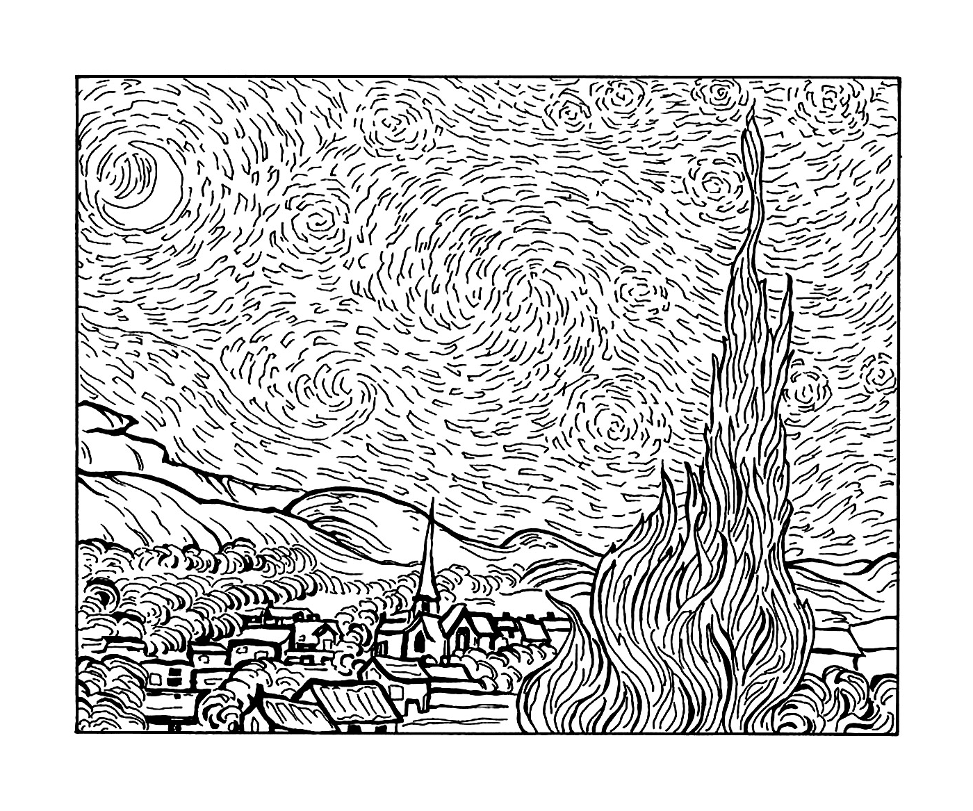  una ciudad y un árbol según la noche estrellada de Van Gogh 