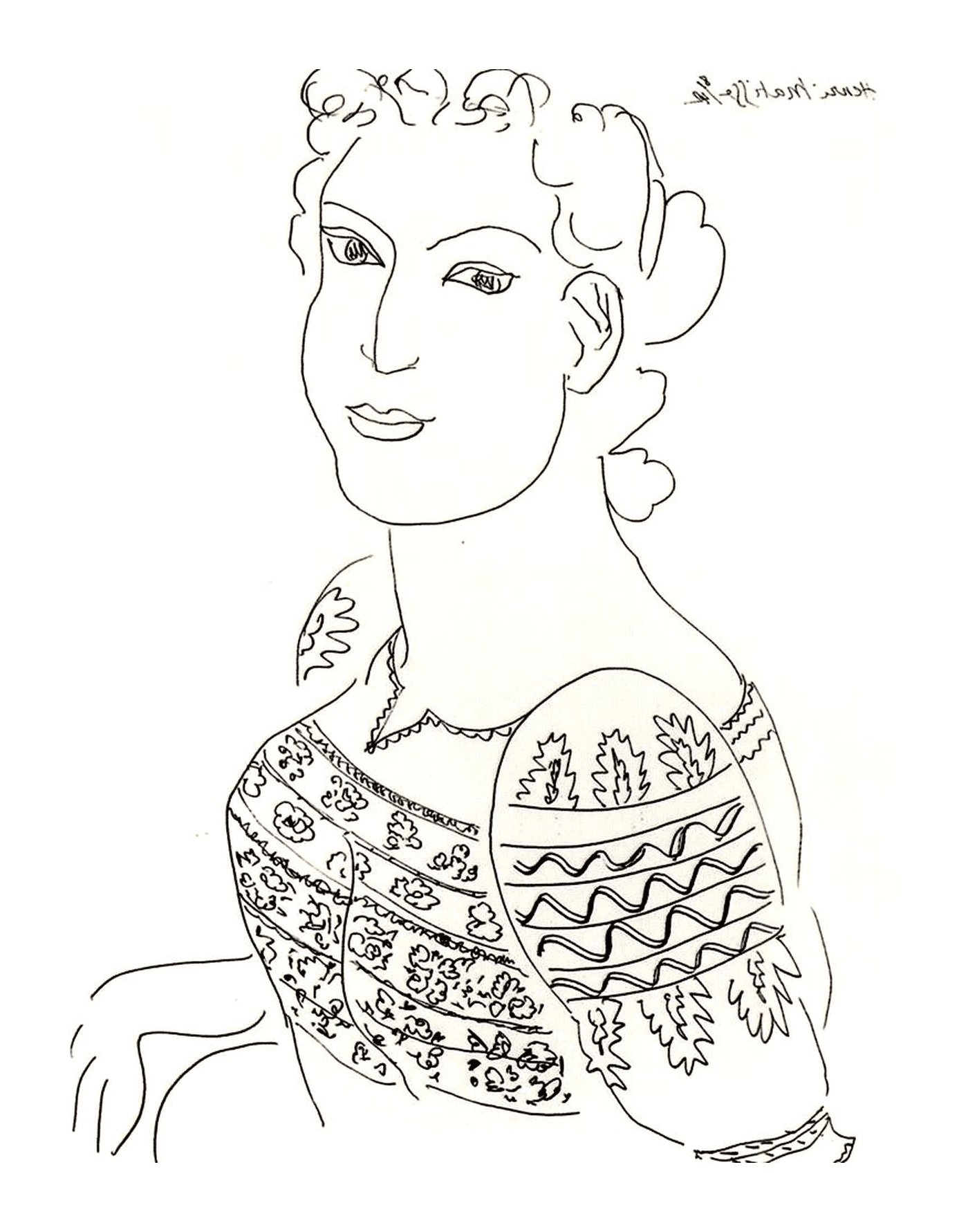  Женщина, одетая в свитер на румынской блузке, которую трудно опознать, возможно, работа Матисса 
