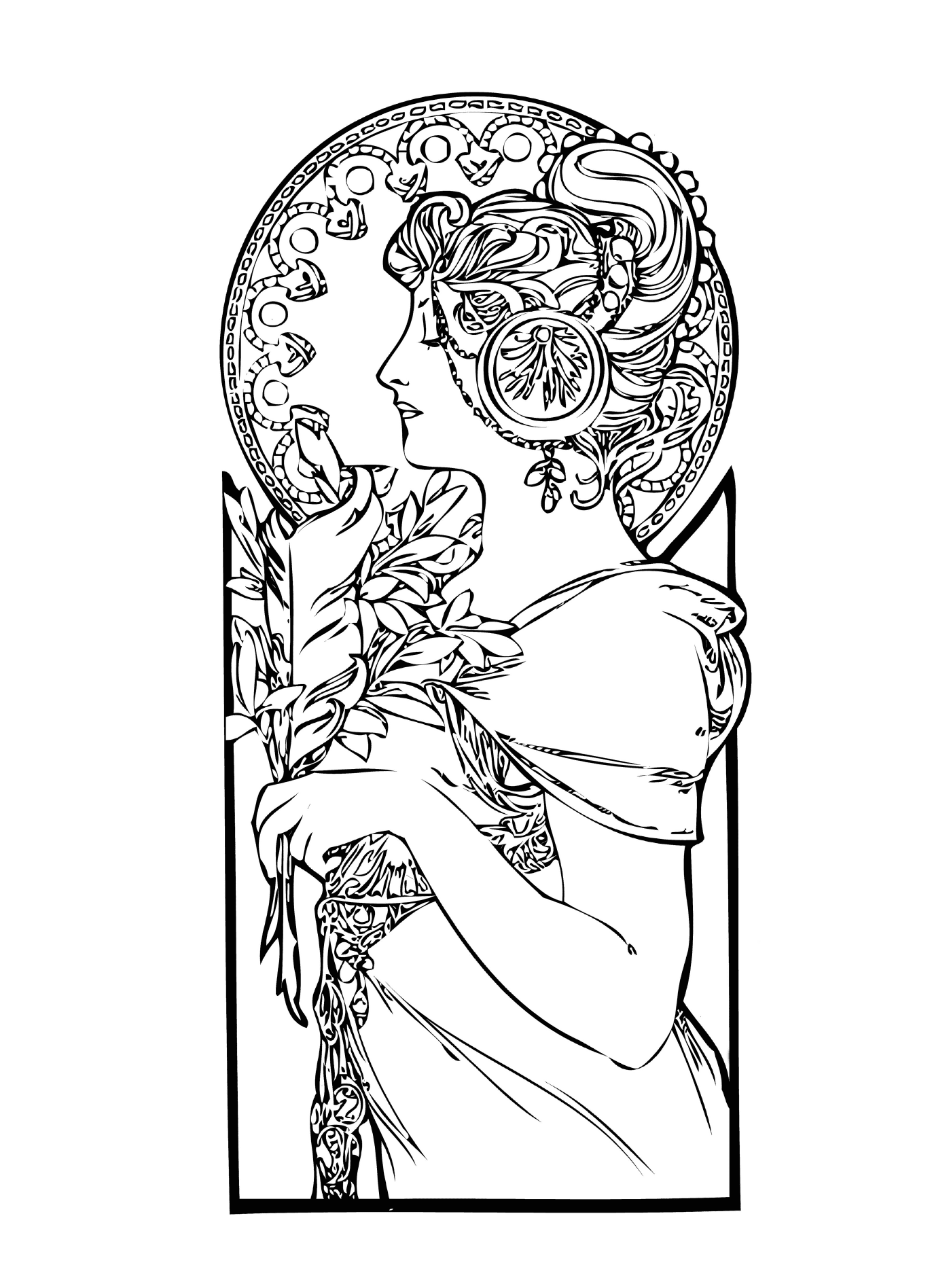  a woman holding flowers in the art nouveau style 