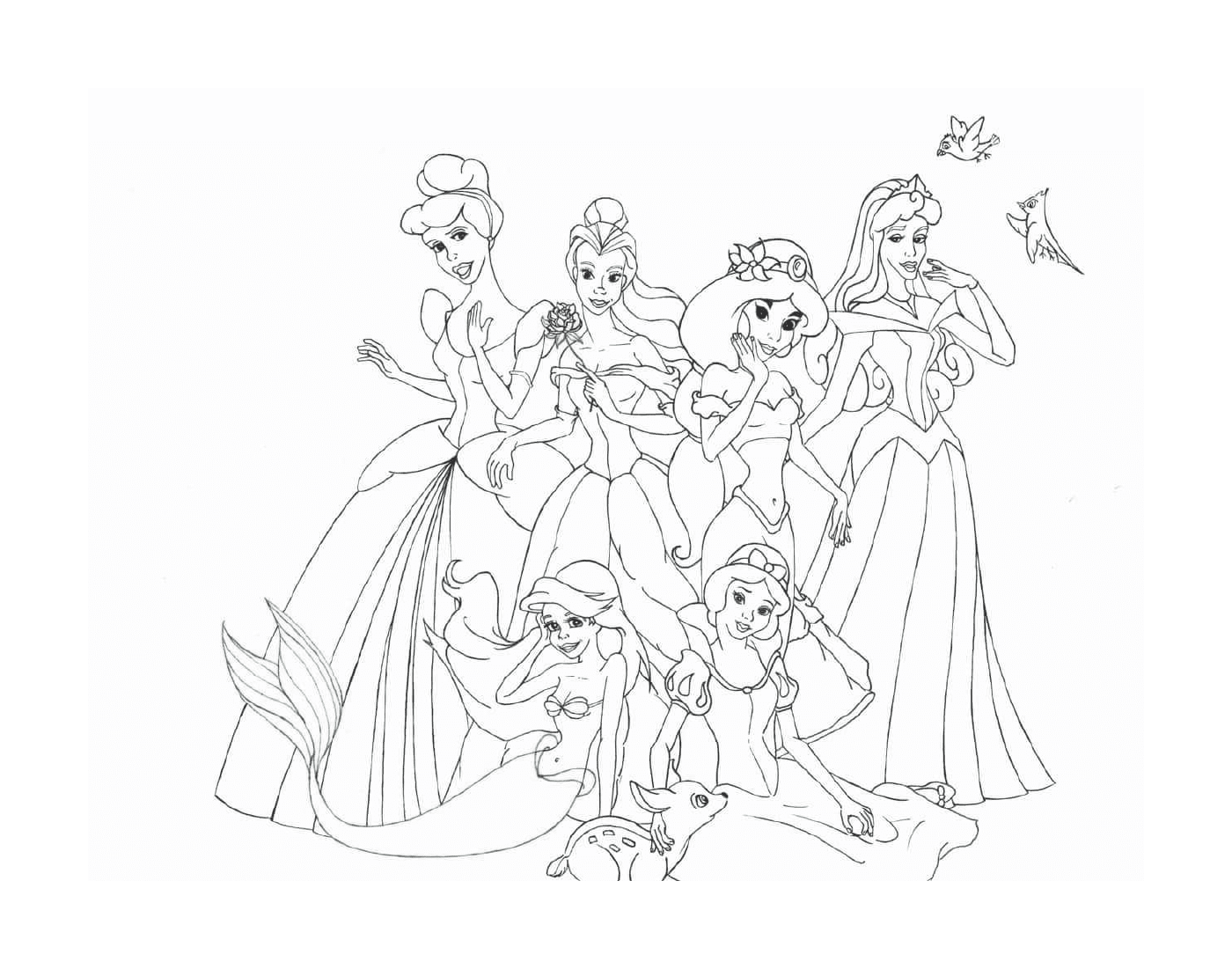  Eine Gruppe Disney Prinzessinnen sitzen und stehen zusammen 