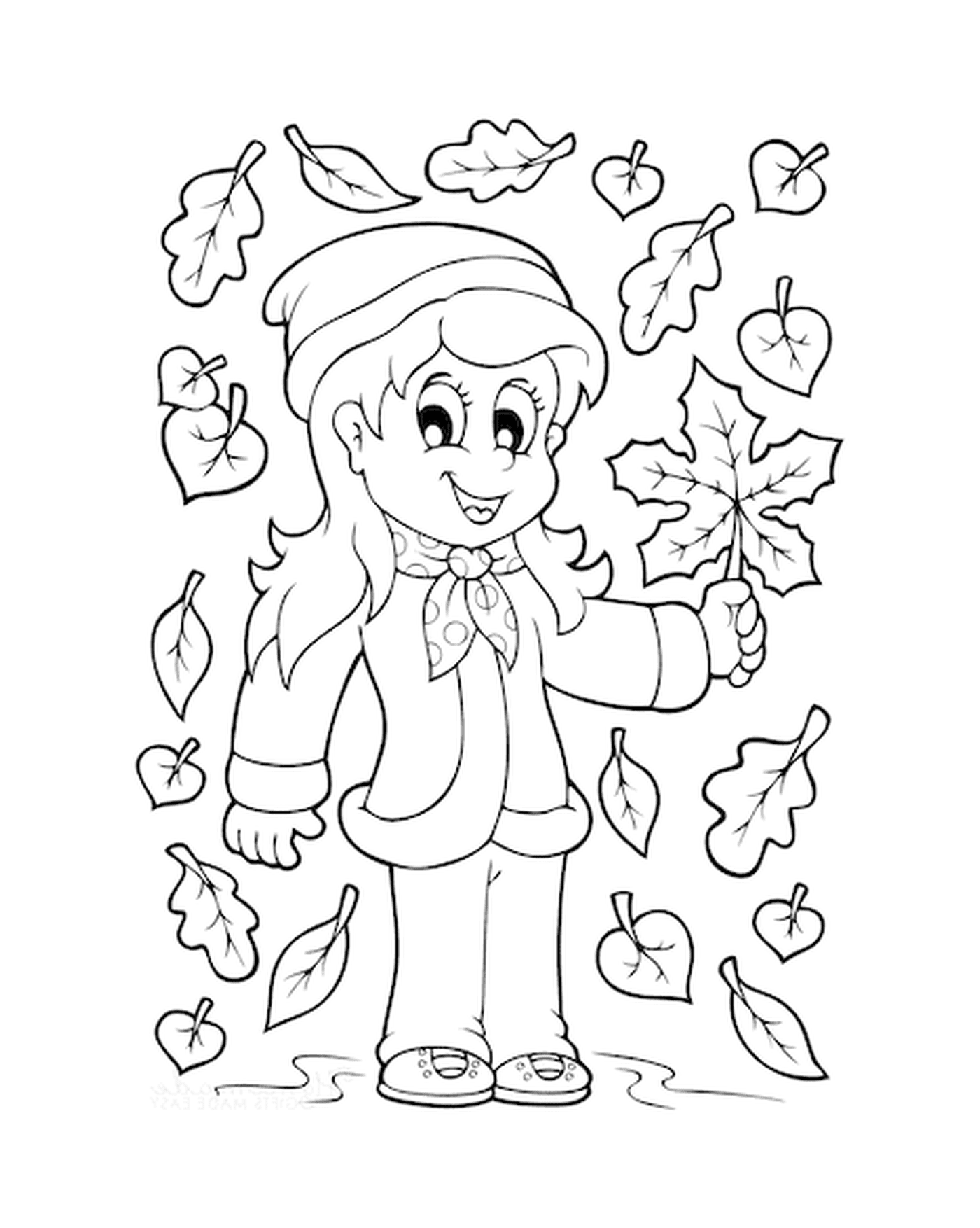  Chica sosteniendo una hoja de otoño de un árbol 