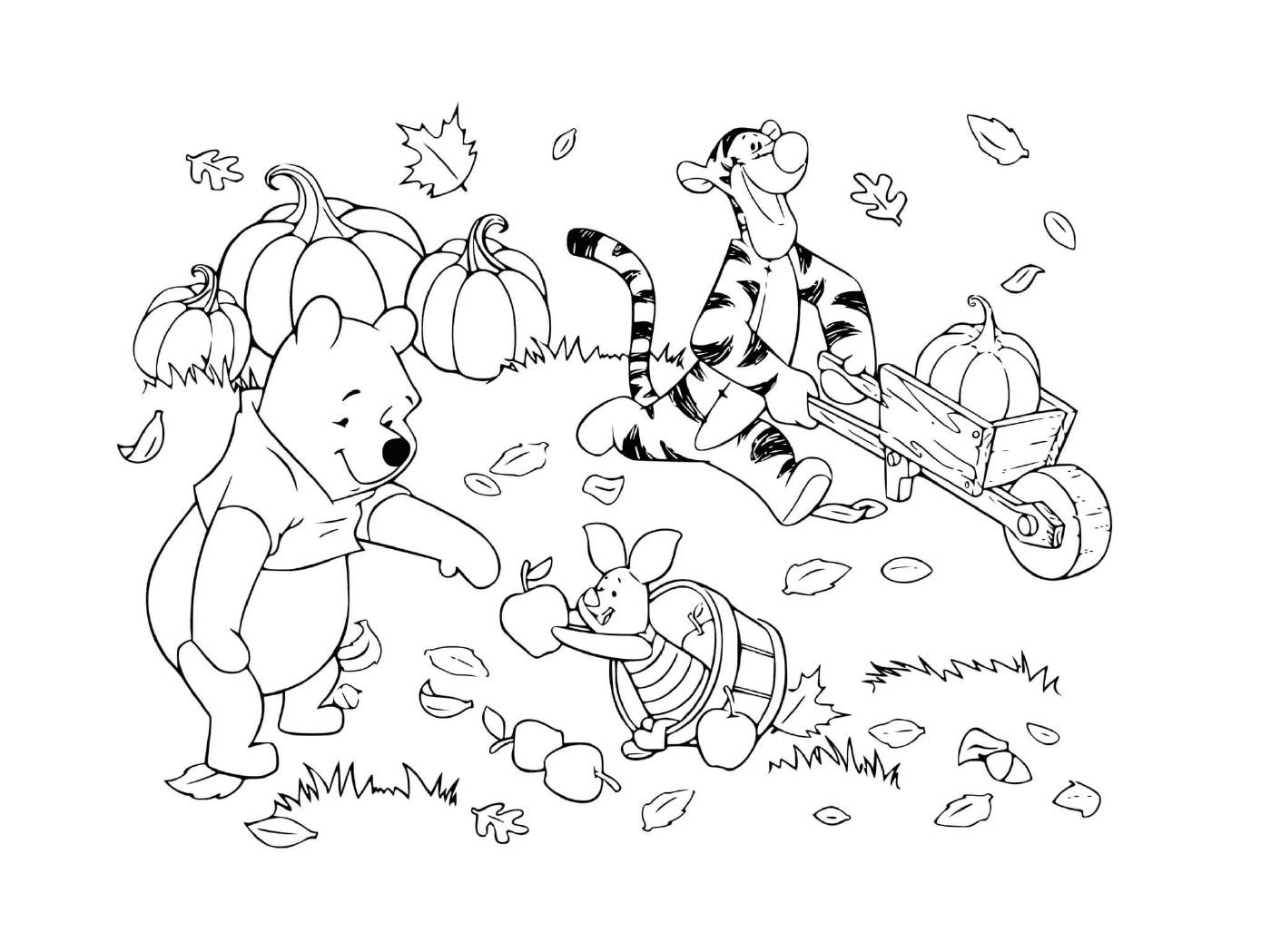  Winnie bear, Tigrou and Porcinet collect leaves, pumpkins and apples 
