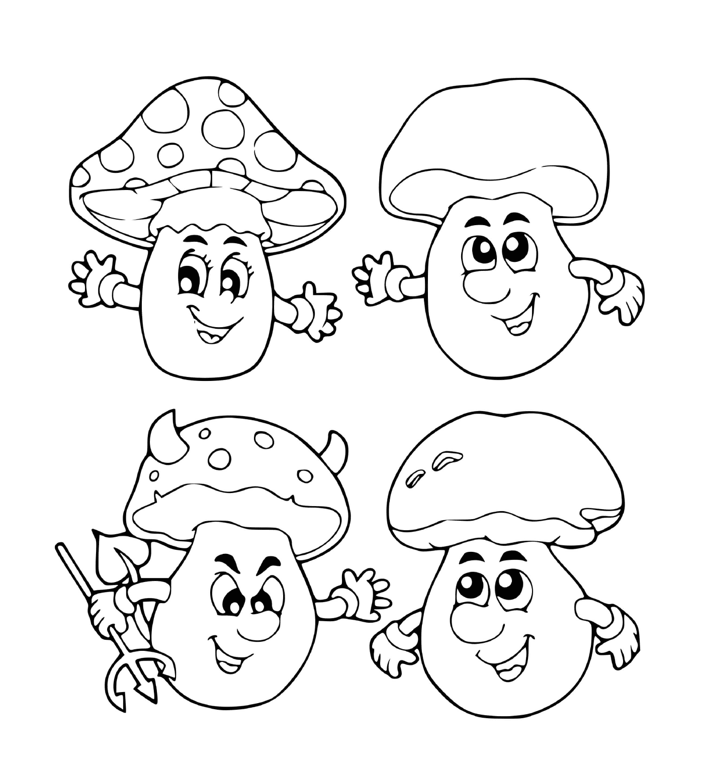  Four black and white mushrooms 
