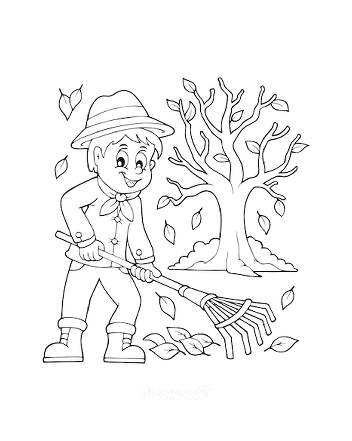  Ein Junge klappert die Blätter vor einem Baum 