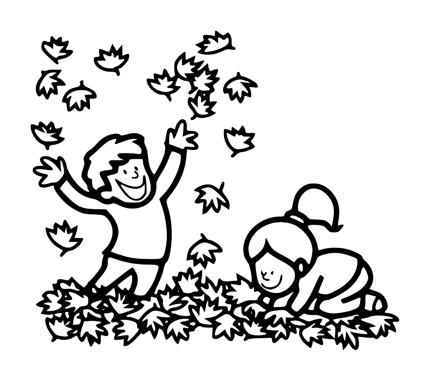 Мальчик и девочка, играющие в листьях 