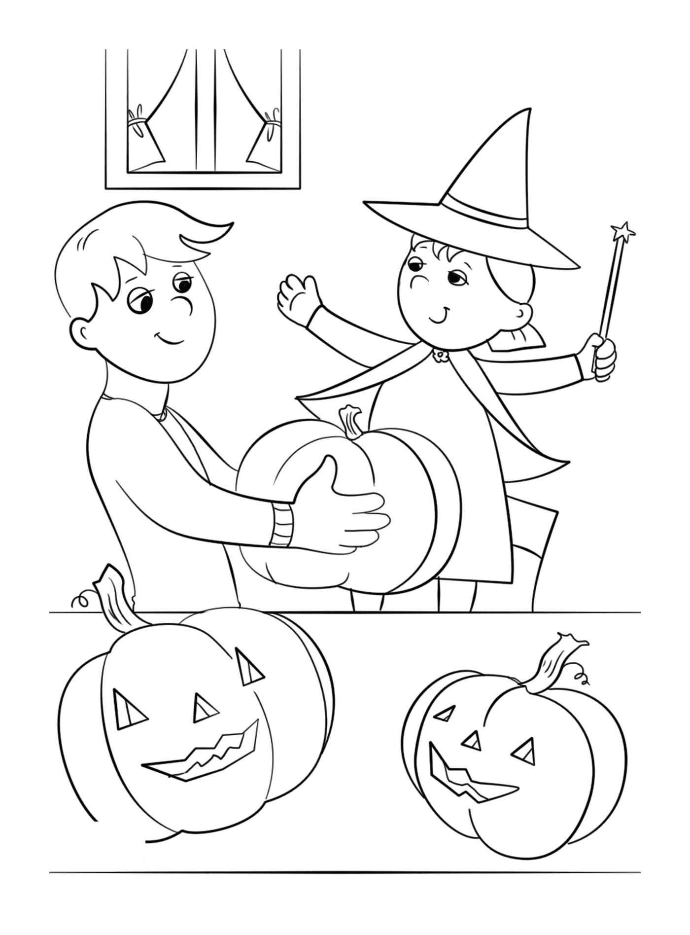  A boy and a girl holding pumpkins 