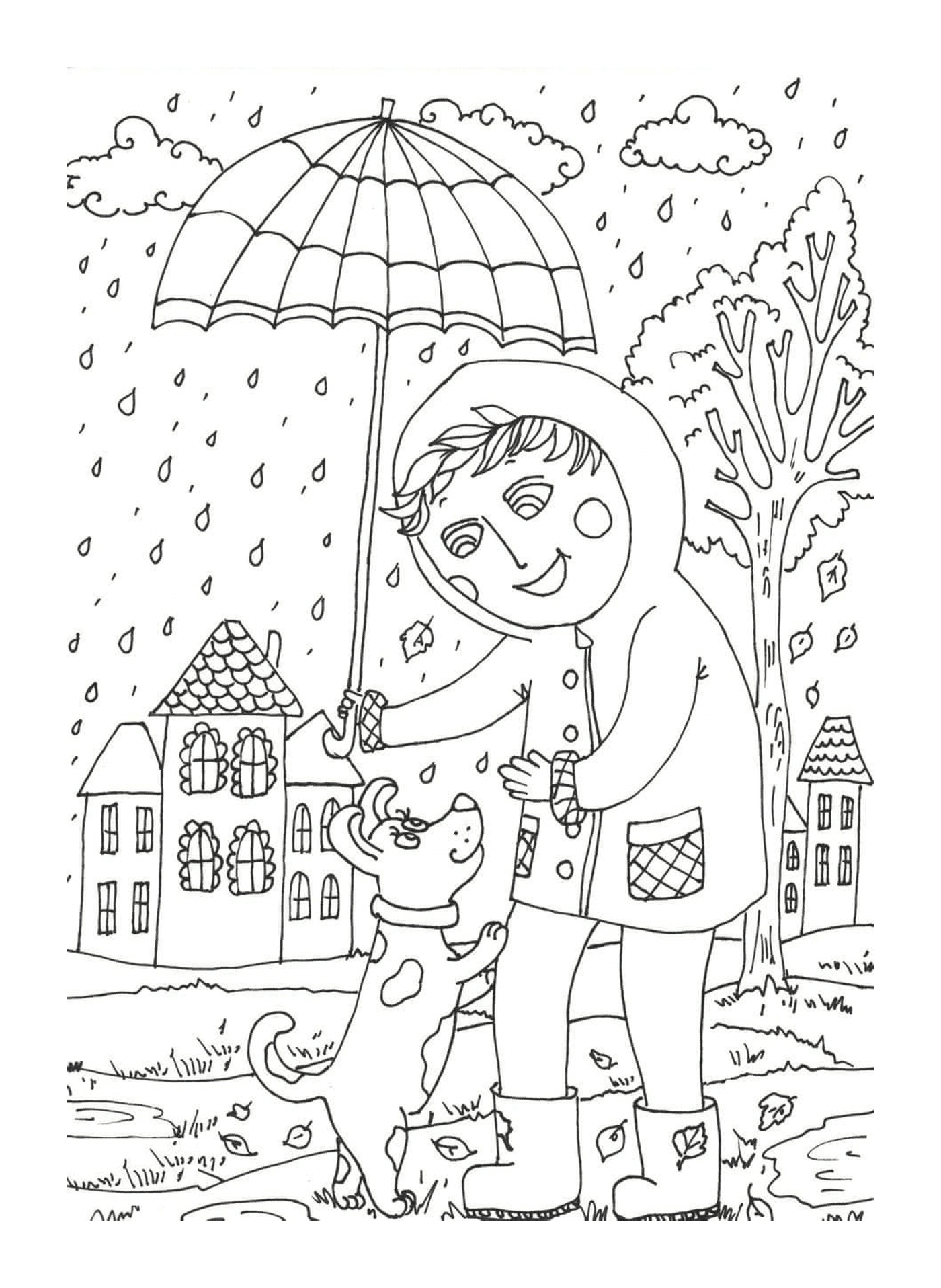  Ein Kind, das einen Regenschirm über einem Hund hält 