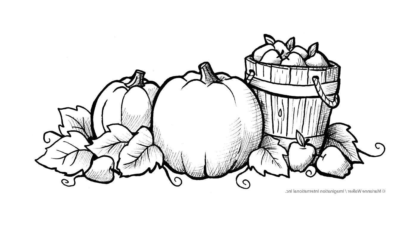  Una calabaza y una cesta de manzana 
