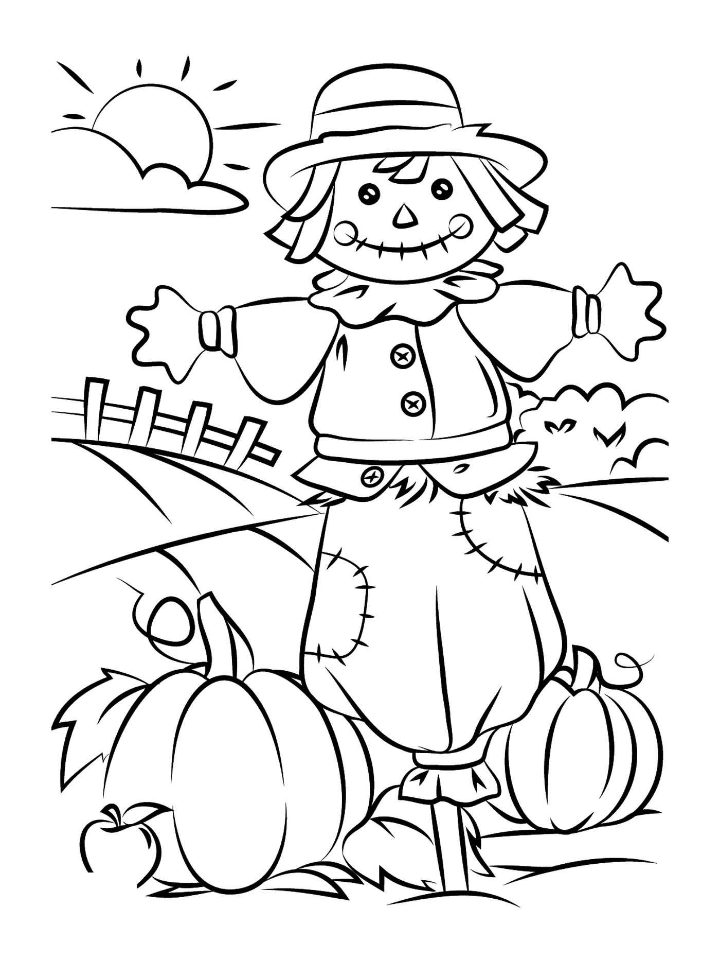  A scarecrow and pumpkins 