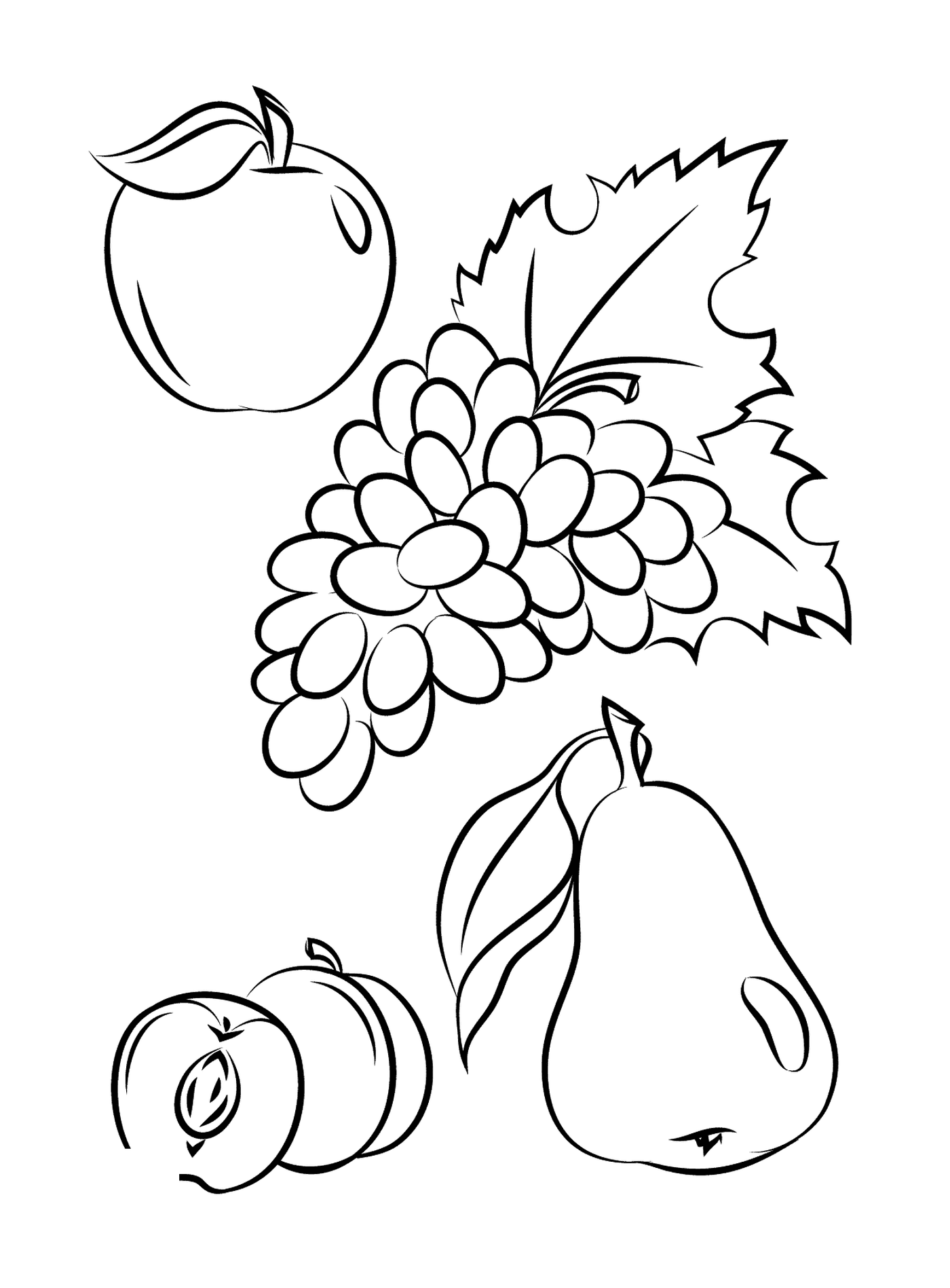  An apple, a pear, grapes and a peache 